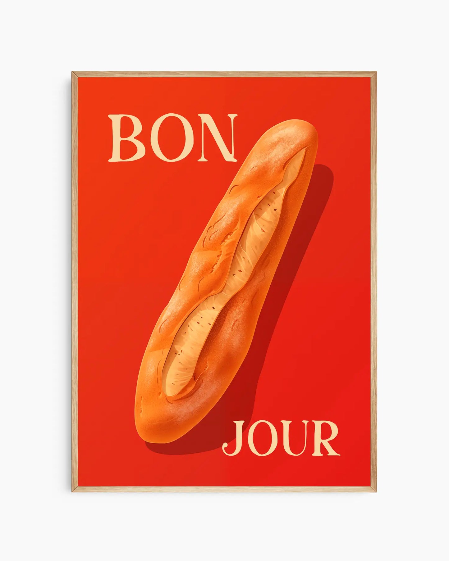 Nursery poster with a baguette on a red background with 'BONJOUR' text. Framed in an oak wooden frame.