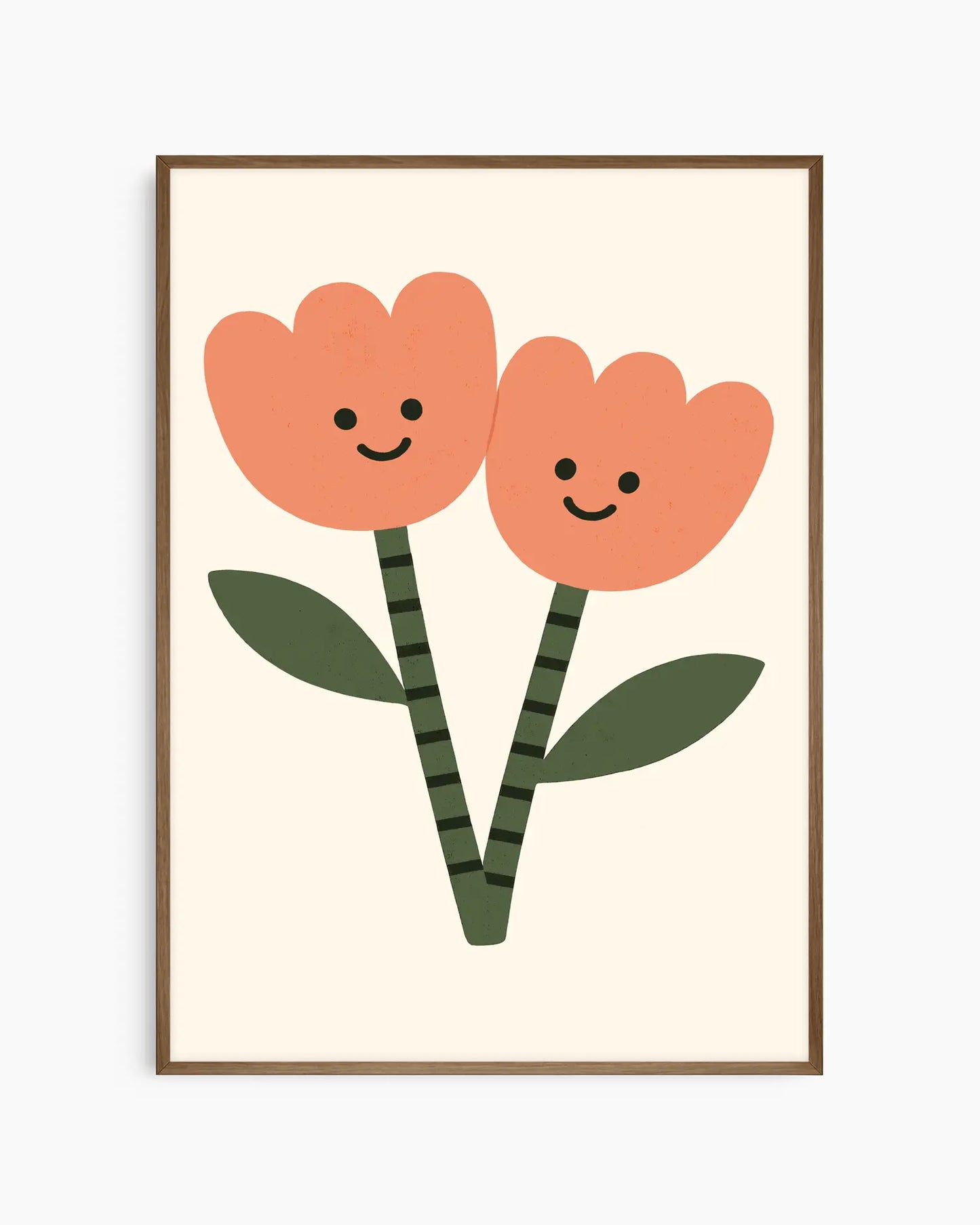 Framed artwork of two smiling orange flowers with green stems and leaves on a beige background.