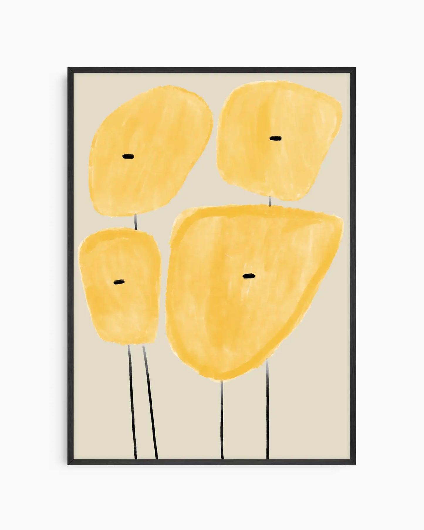 Framed abstract art with yellow shapes on a beige background