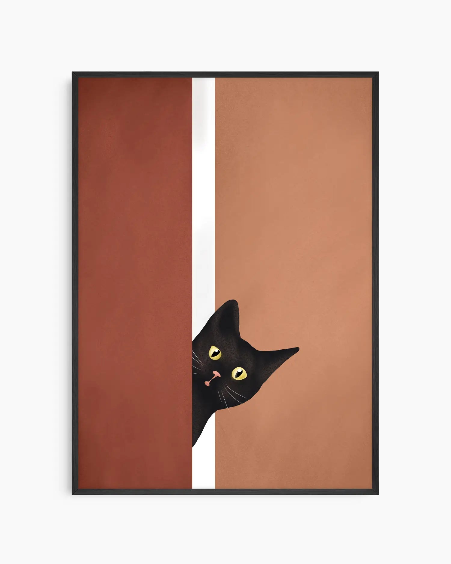 Black cat peeking from behind a brown door with a white stripe