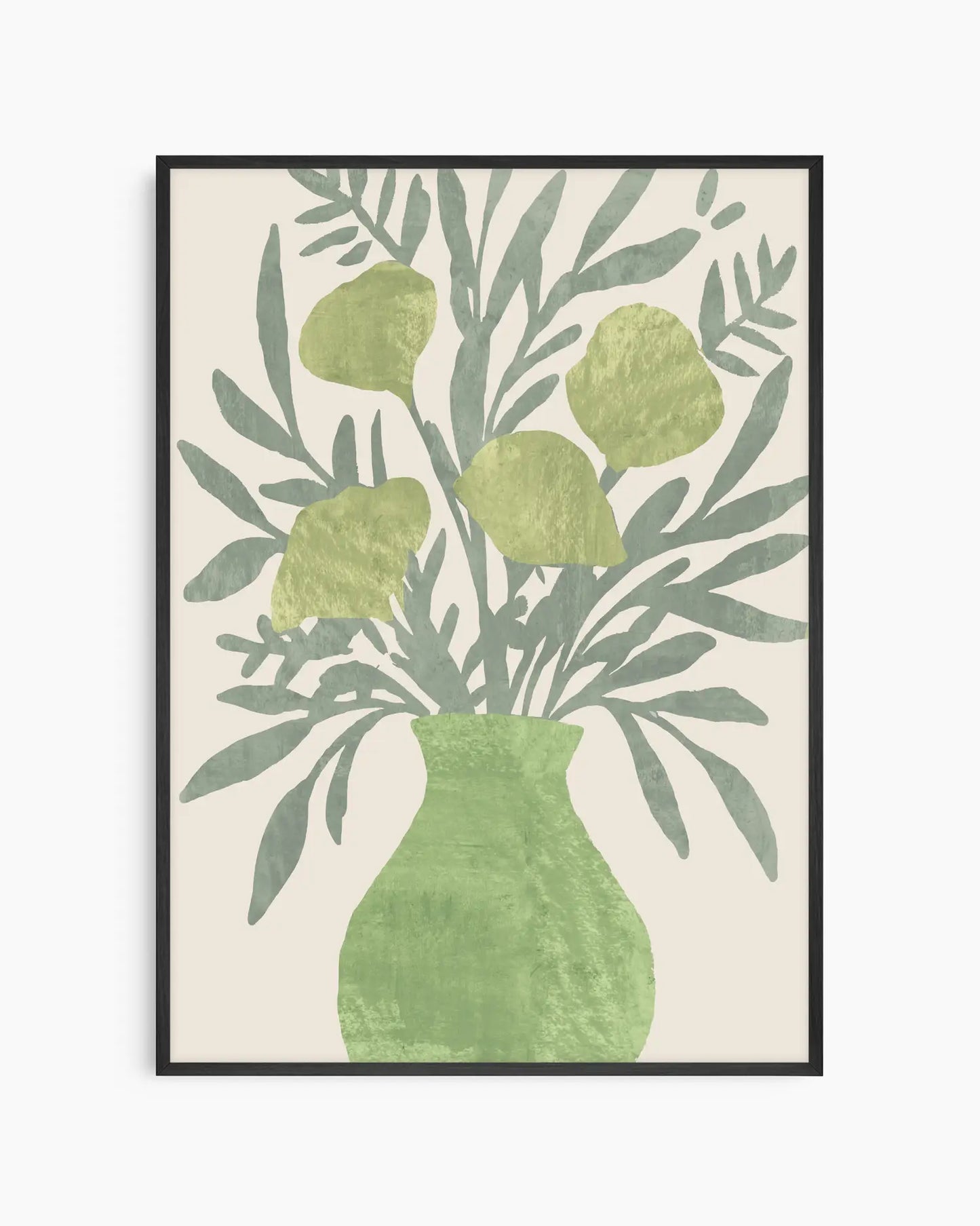 Framed artwork of a green vase with leaves on a beige background
