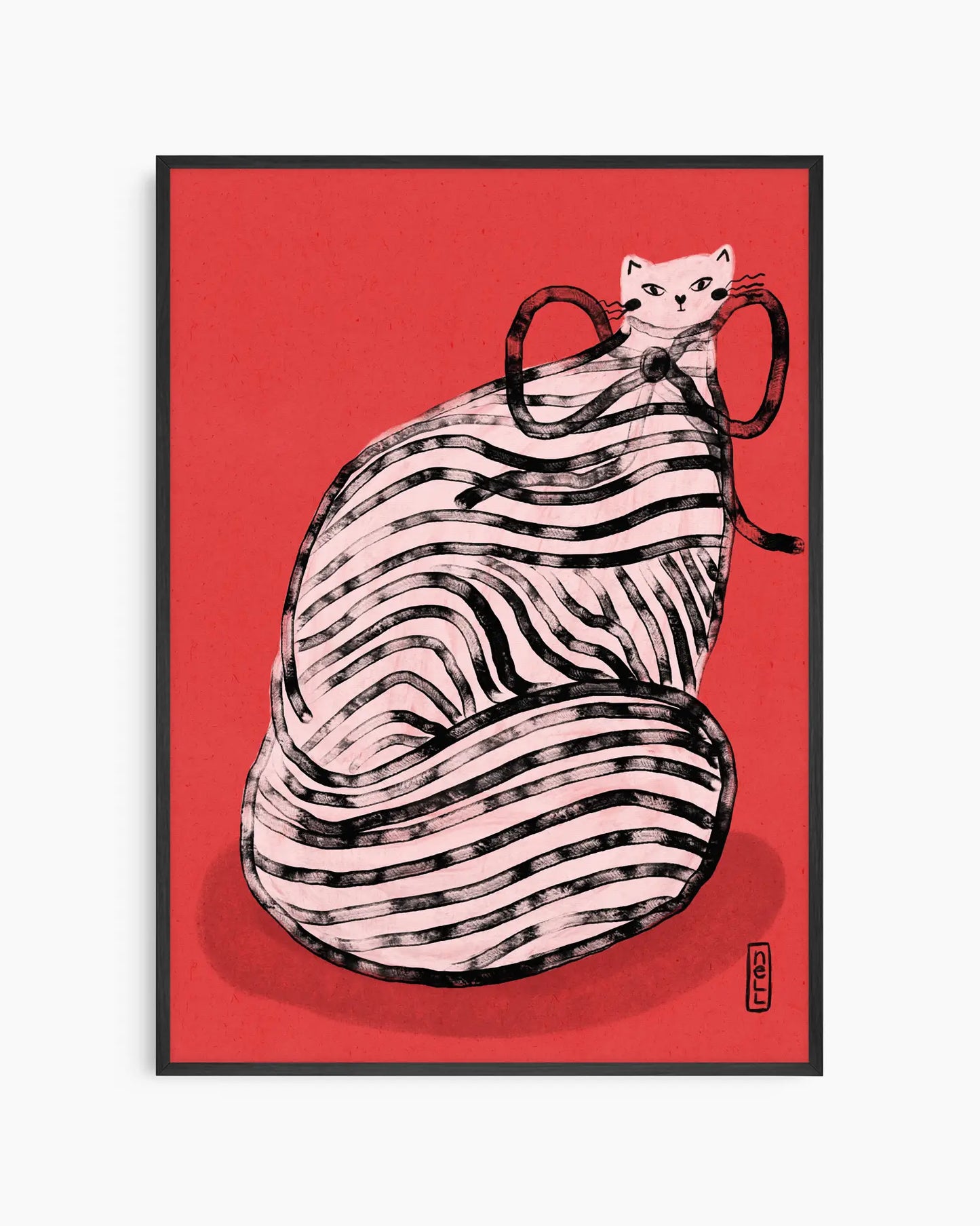 Framed artwork of a stylized cat with zebra stripes on a red background