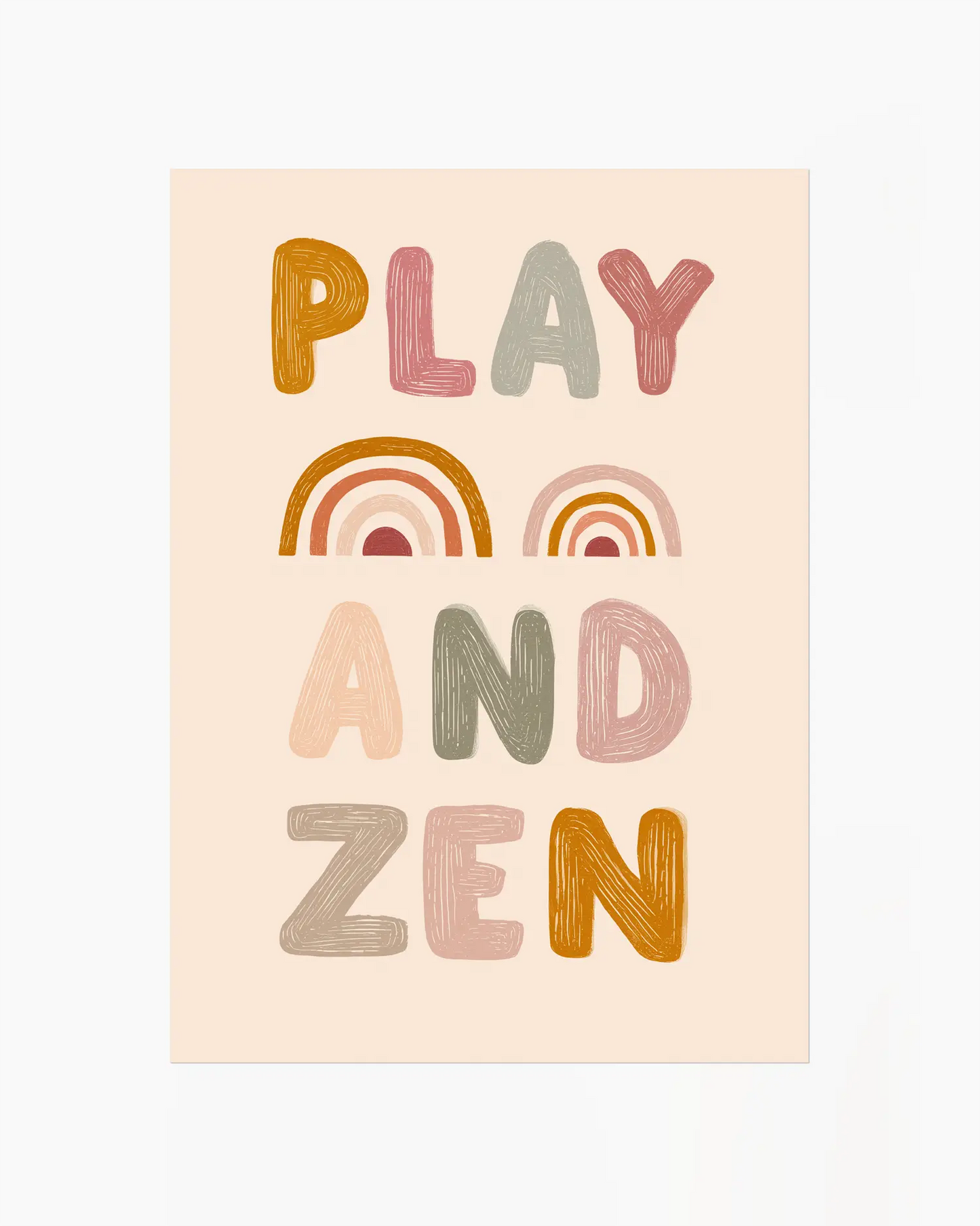 Poster with 'PLAY AND ZEN' text and rainbow design on a beige background