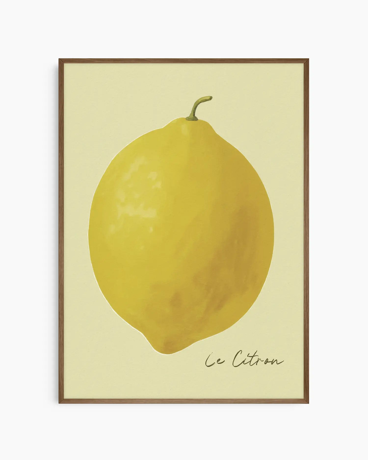 Framed artwork of a lemon with 'Le Citron' text on a light background in a smoked oak wooden frame.