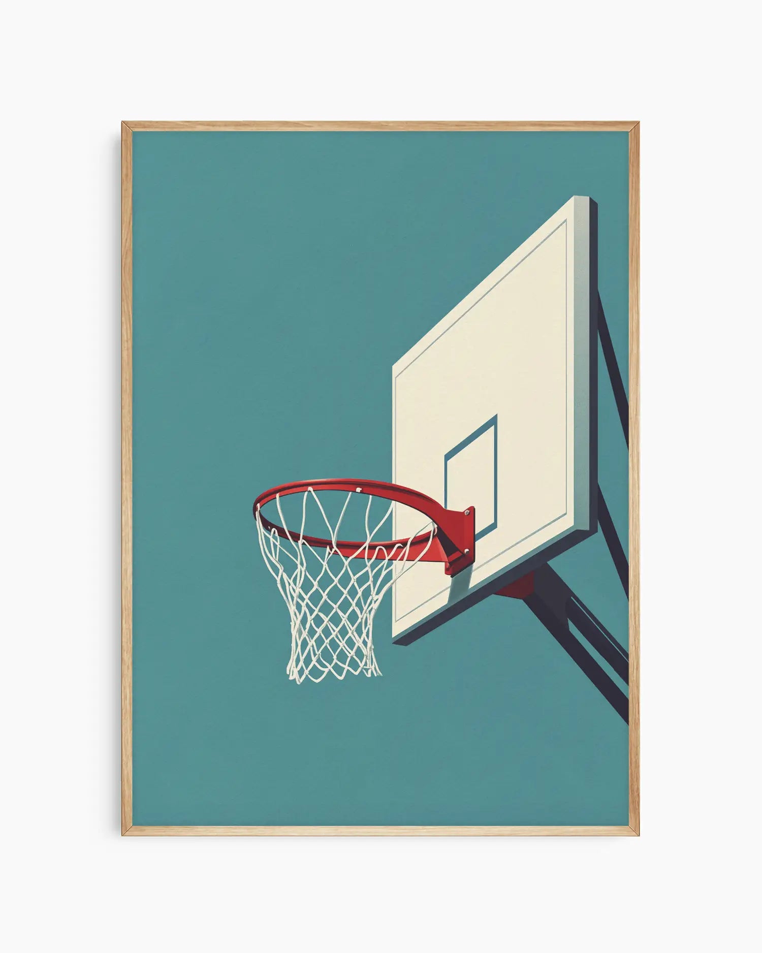 Framed artwork of a basketball hoop on a teal background