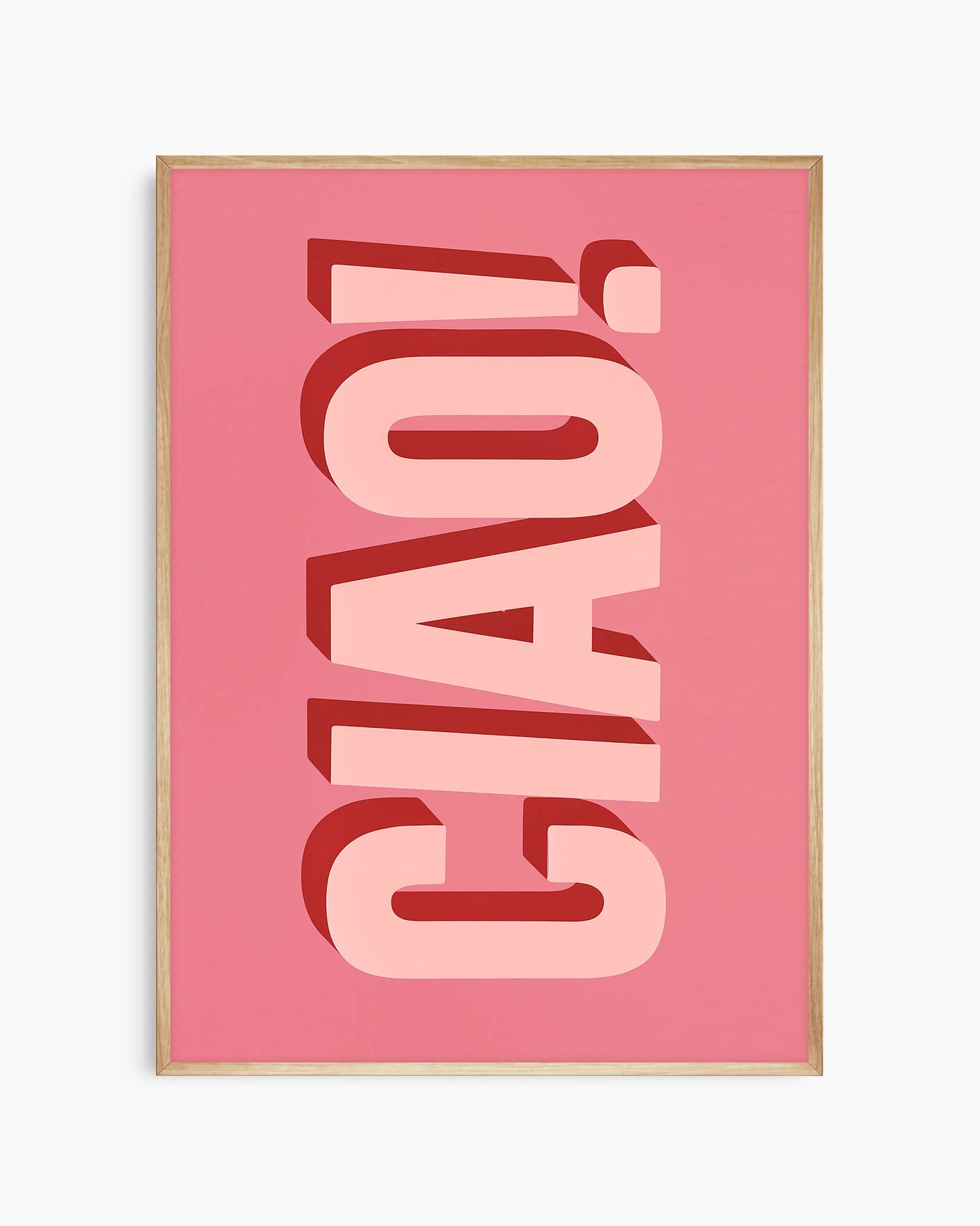 Children's poster with the text 'CIAO!' on a pink background framed in an oak frame.