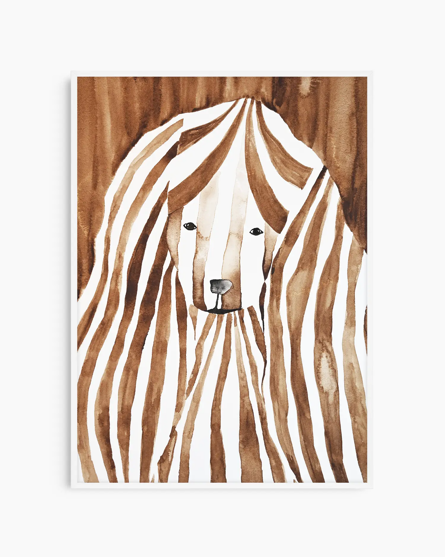 Watercolor painting of a cocker spaniel with brown and white stripes on a brown background framed in a white frame