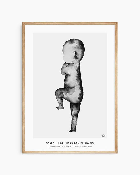 1:1 scale newborn poster with exact birth length and measurements