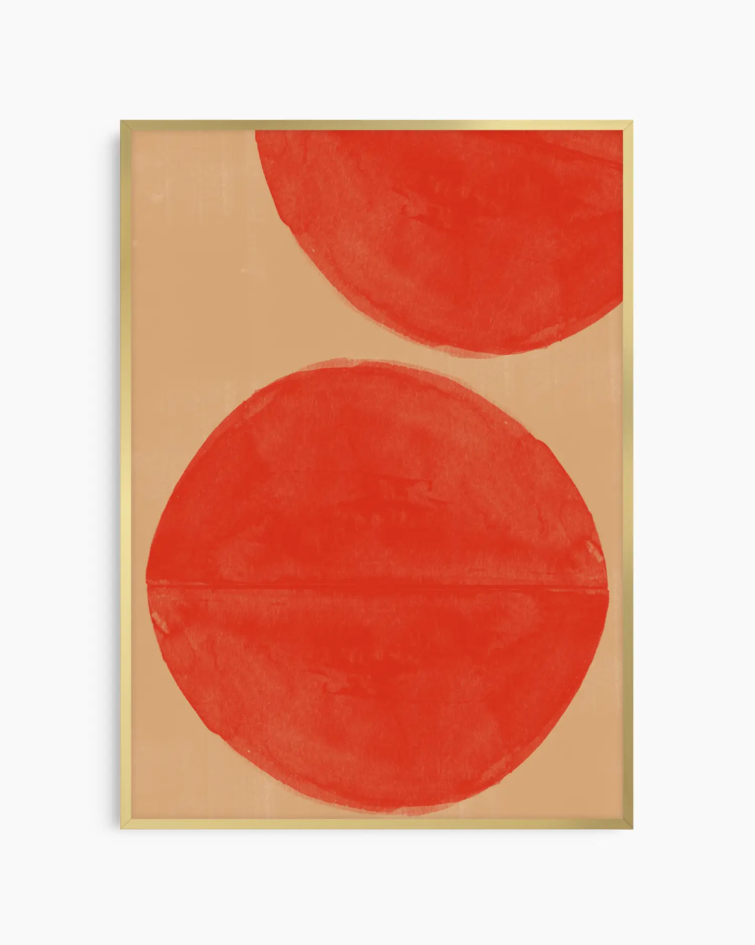 Warm, minimalist wall art in bright red tones on a bright red background, shown in a gold frame.