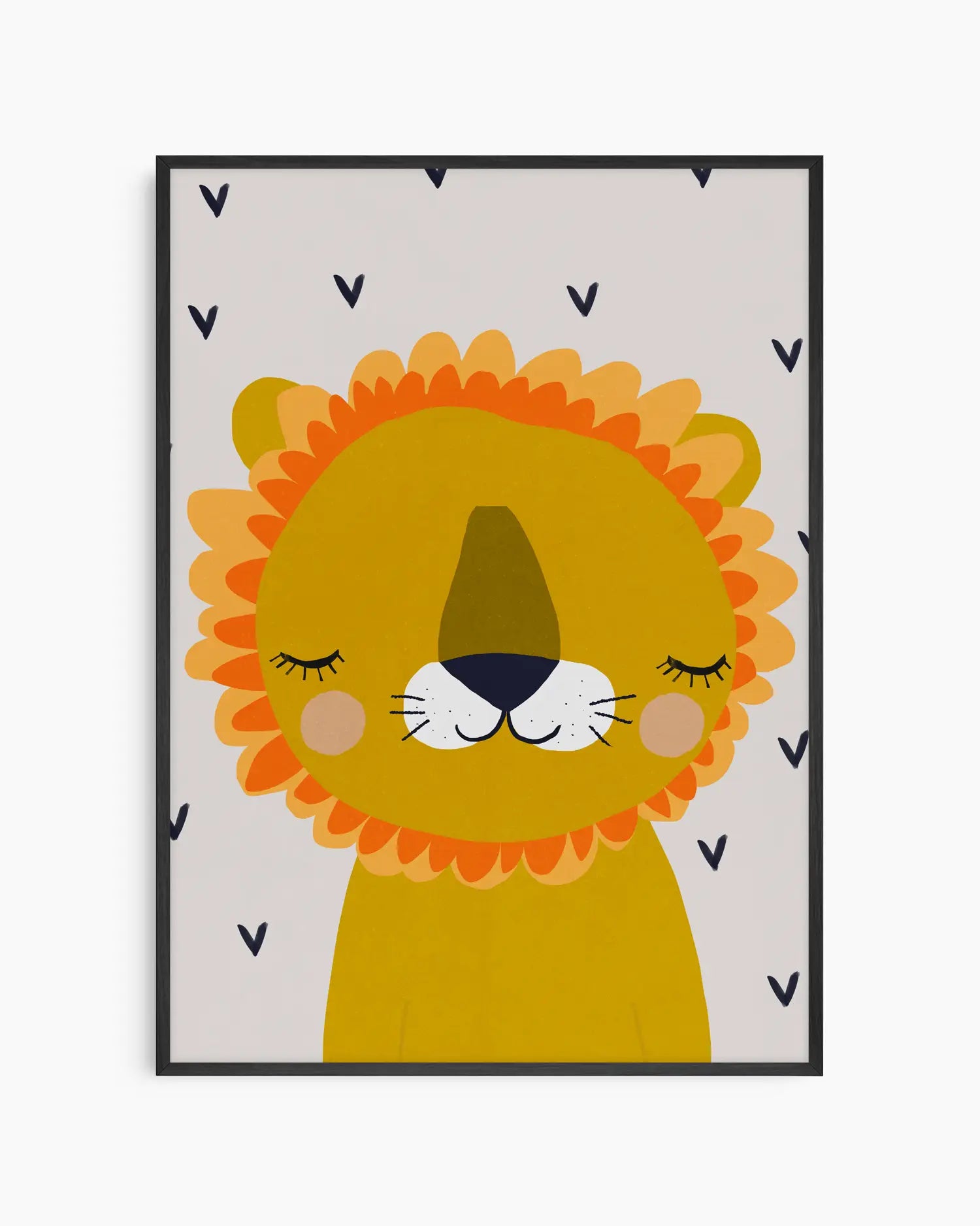 Framed artwork of a cartoon lion with a yellow body and orange mane on a white background with black heart patterns.