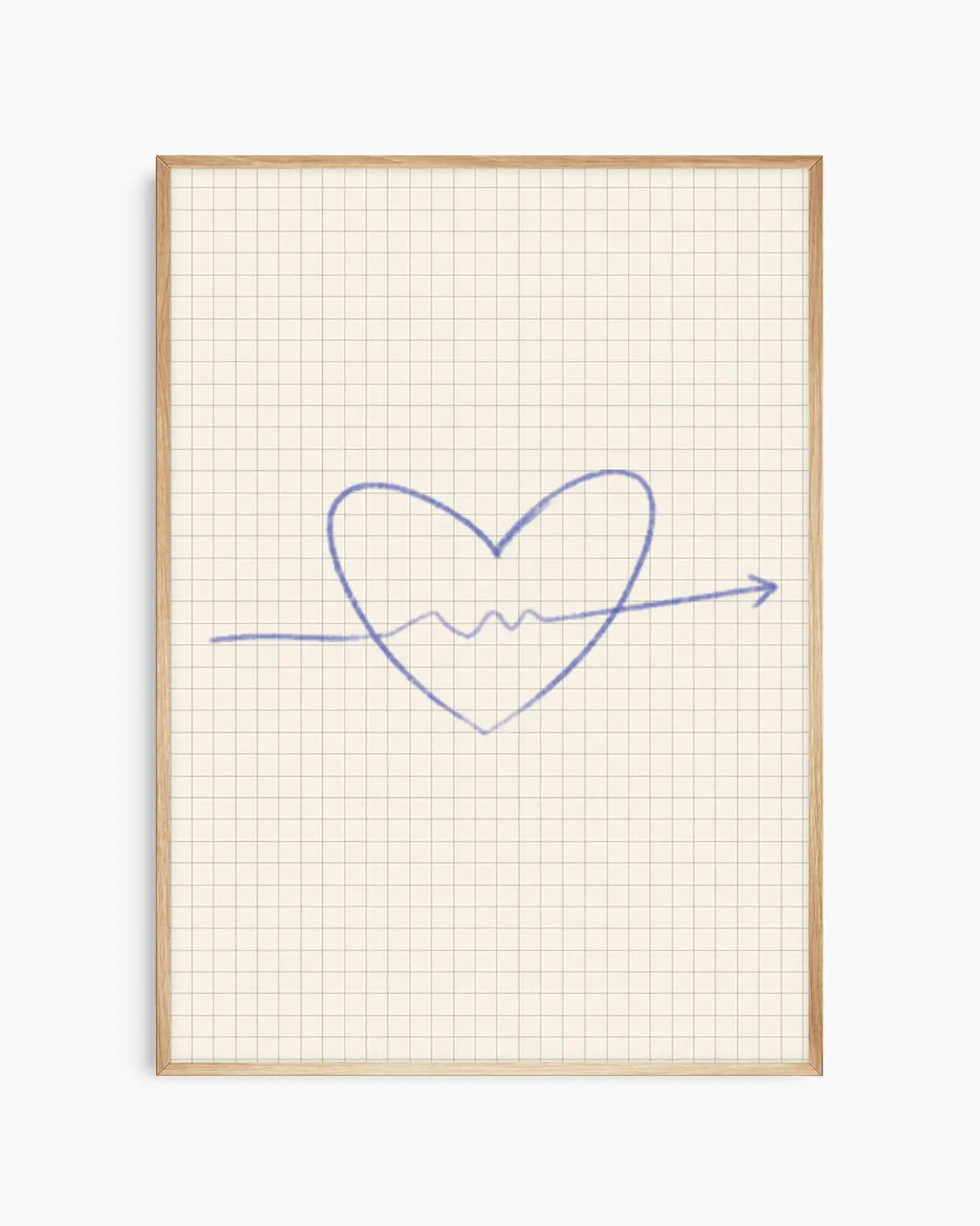 Heart shape drawn on grid paper with a blue line, in an oak frame.