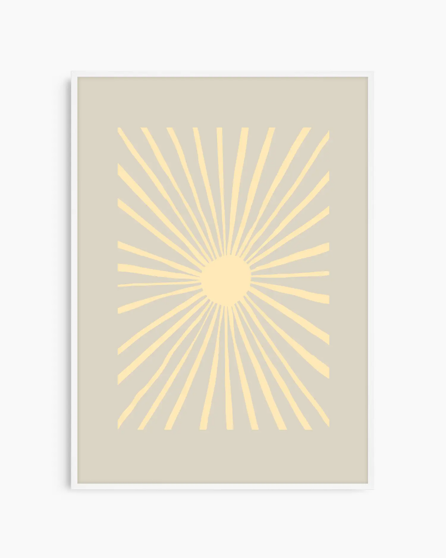 Framed artwork with a yellow sunburst design on a beige background