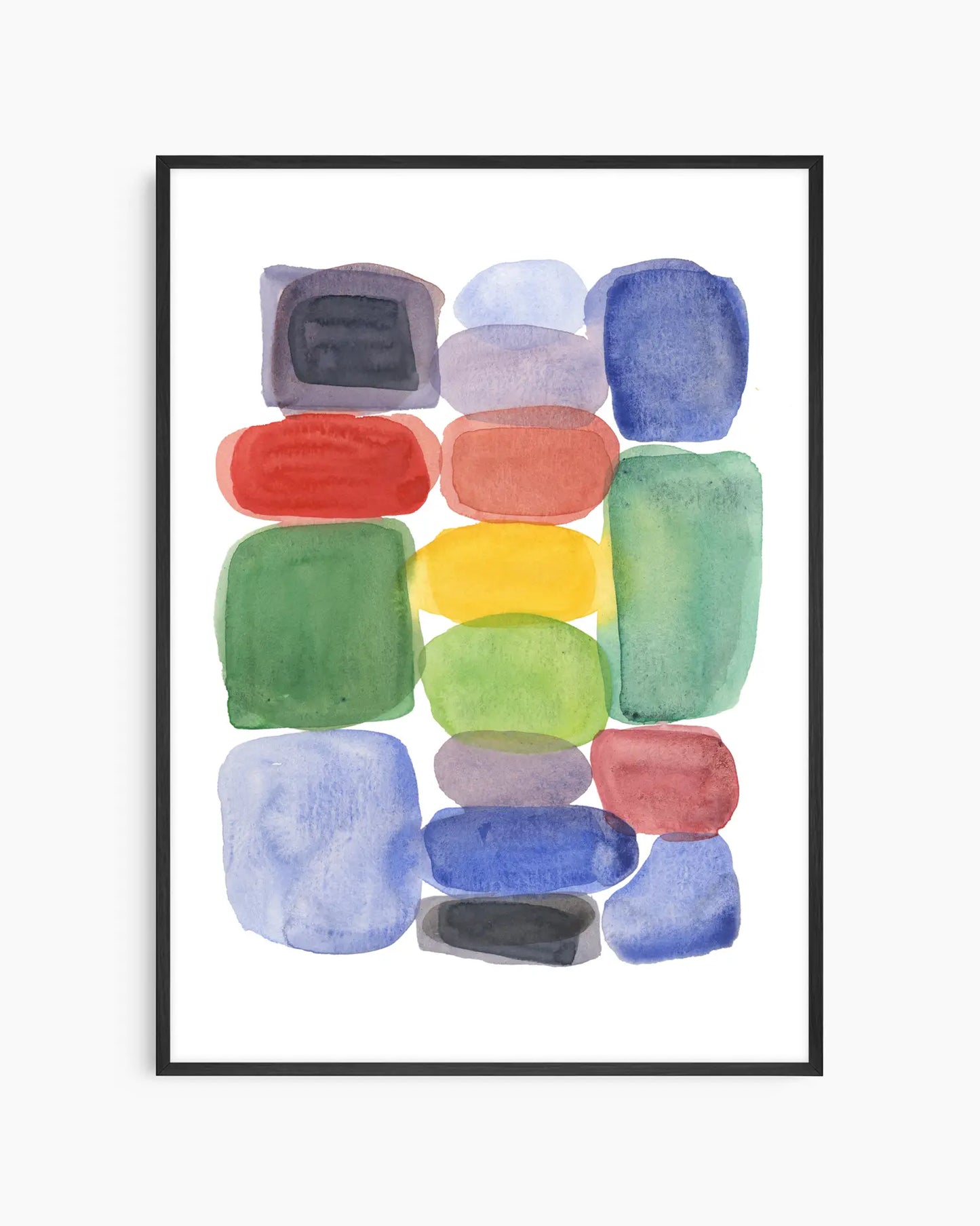 Framed abstract art print with colorful rectangular shapes on a white background
