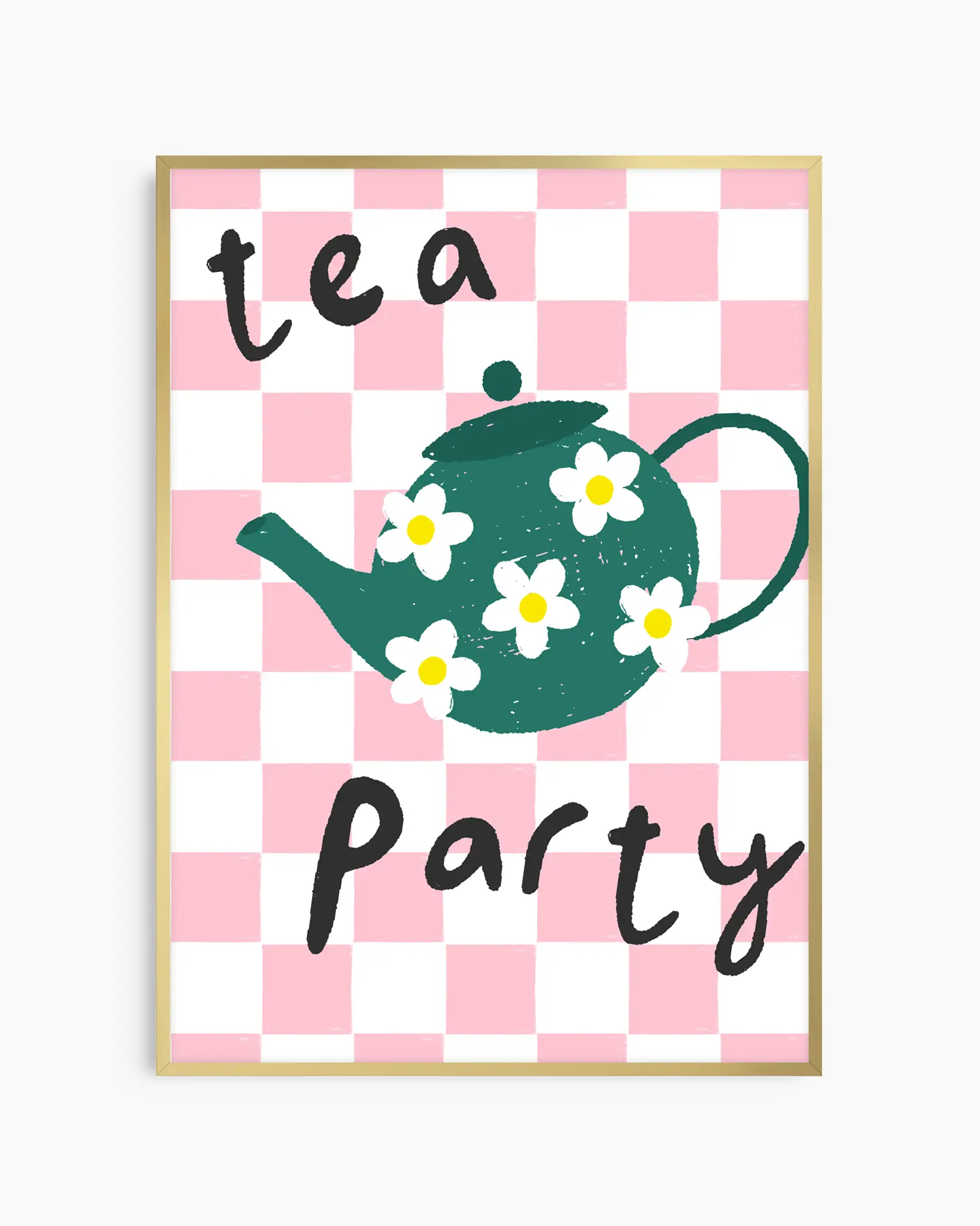 Poster with a green teapot and flowers on a pink and white checkered background with 'tea party' text.