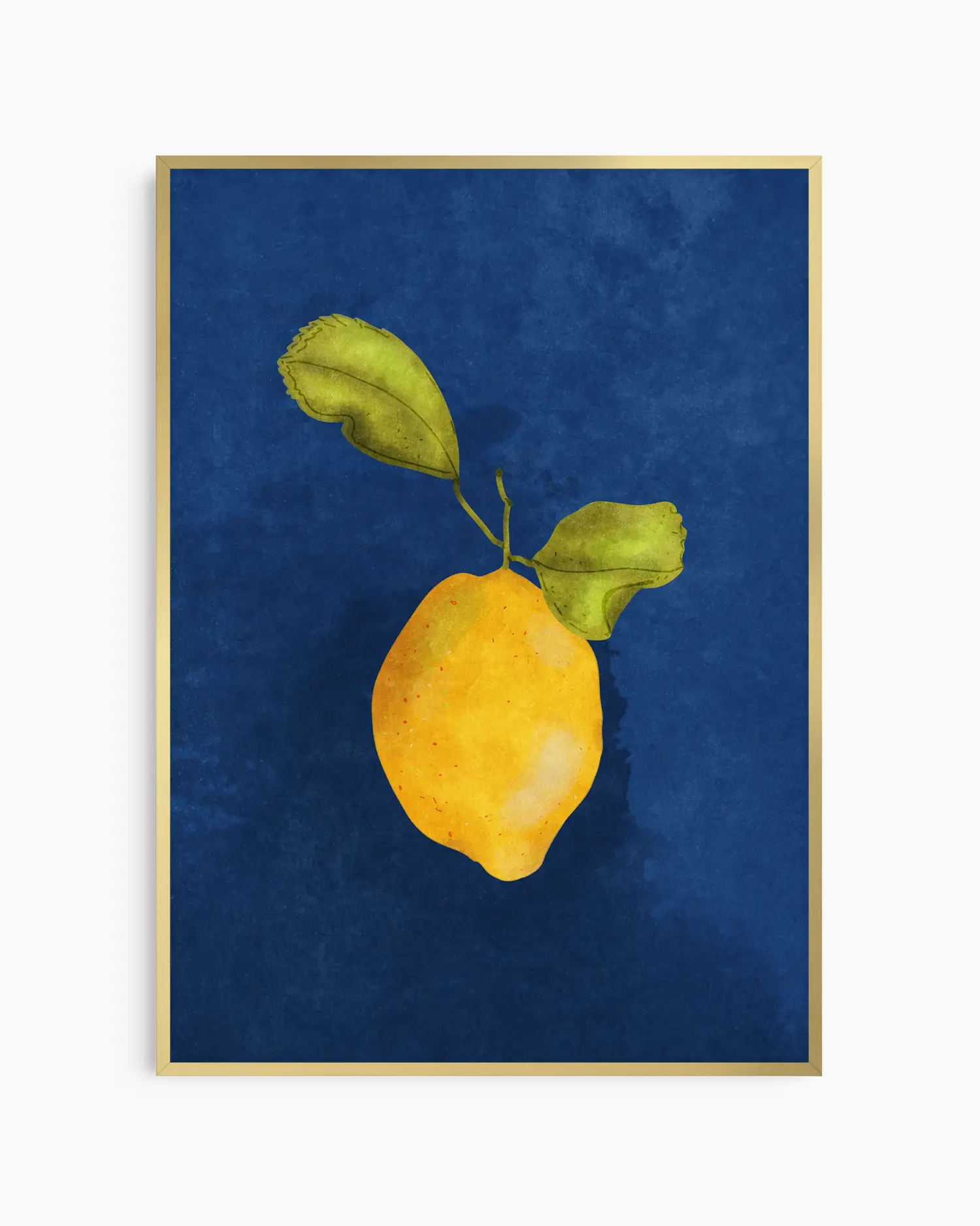 Framed artwork of a yellow lemon with green leaves on a blue background