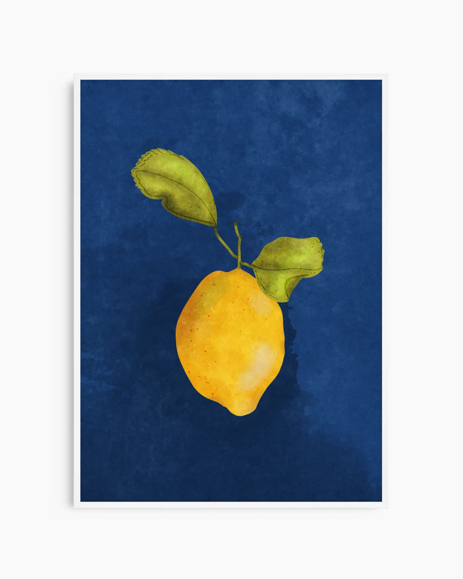 Yellow lemon with green leaves on a blue background