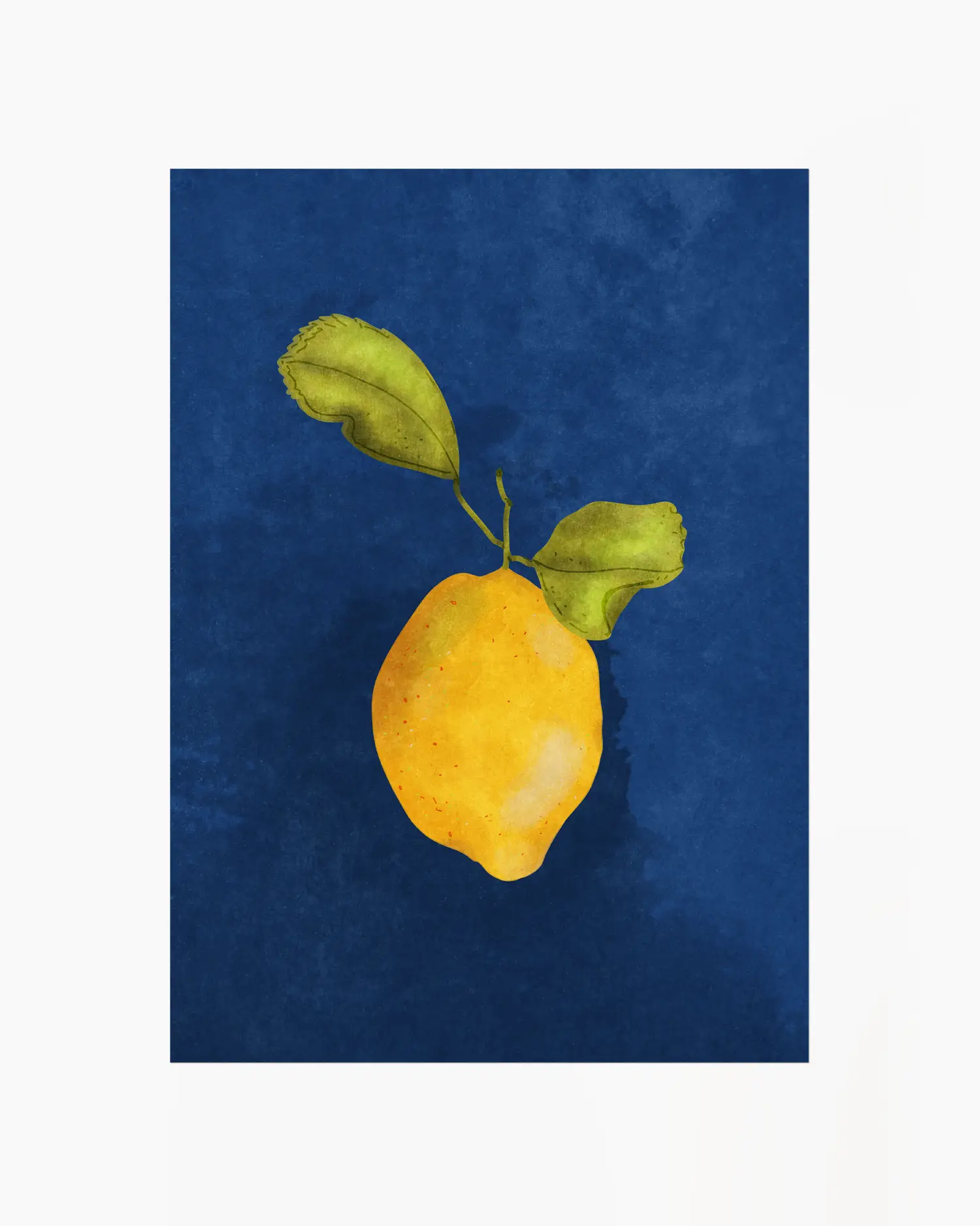 Yellow lemon with green leaves on a blue background
