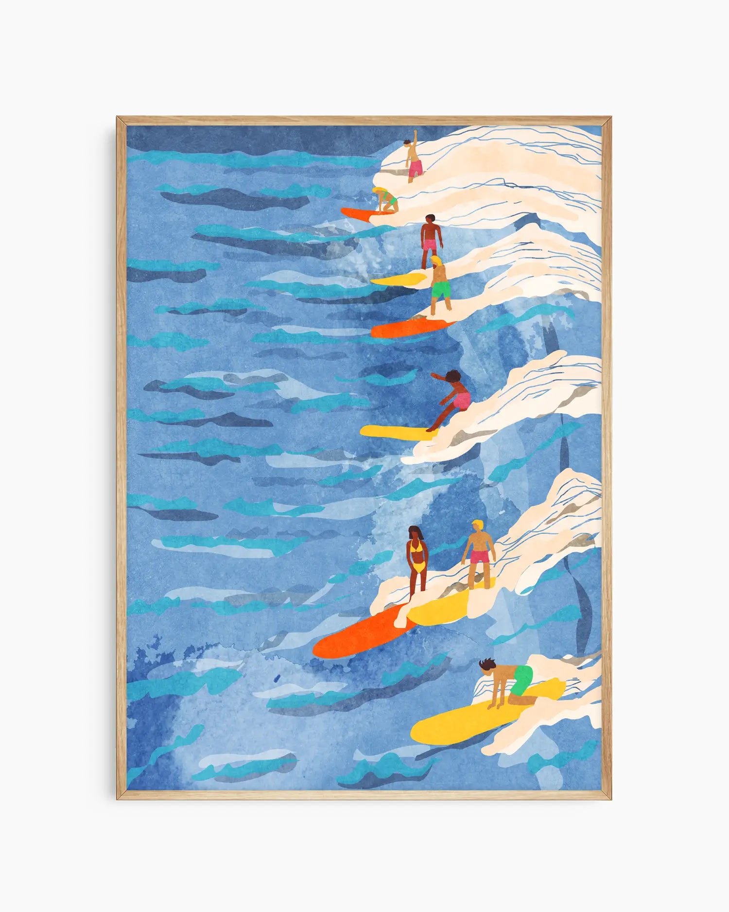 Art print of surfers on colorful boards in the ocean with a wooden frame.