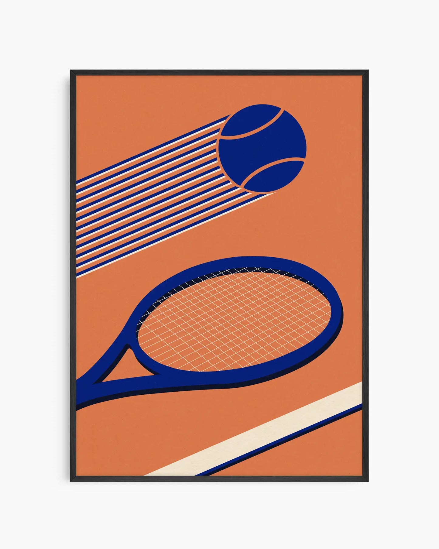 Framed artwork of a blue tennis racket and ball on an orange background