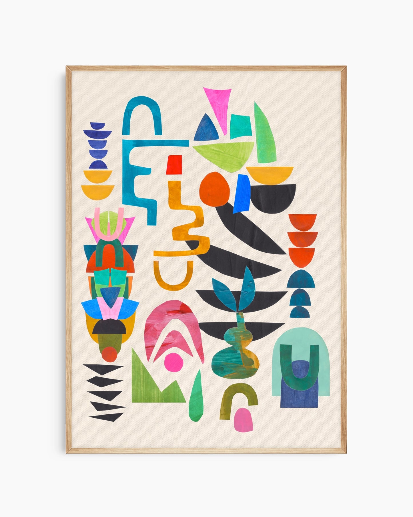 Colorful abstract art print in a oak frame on a white background