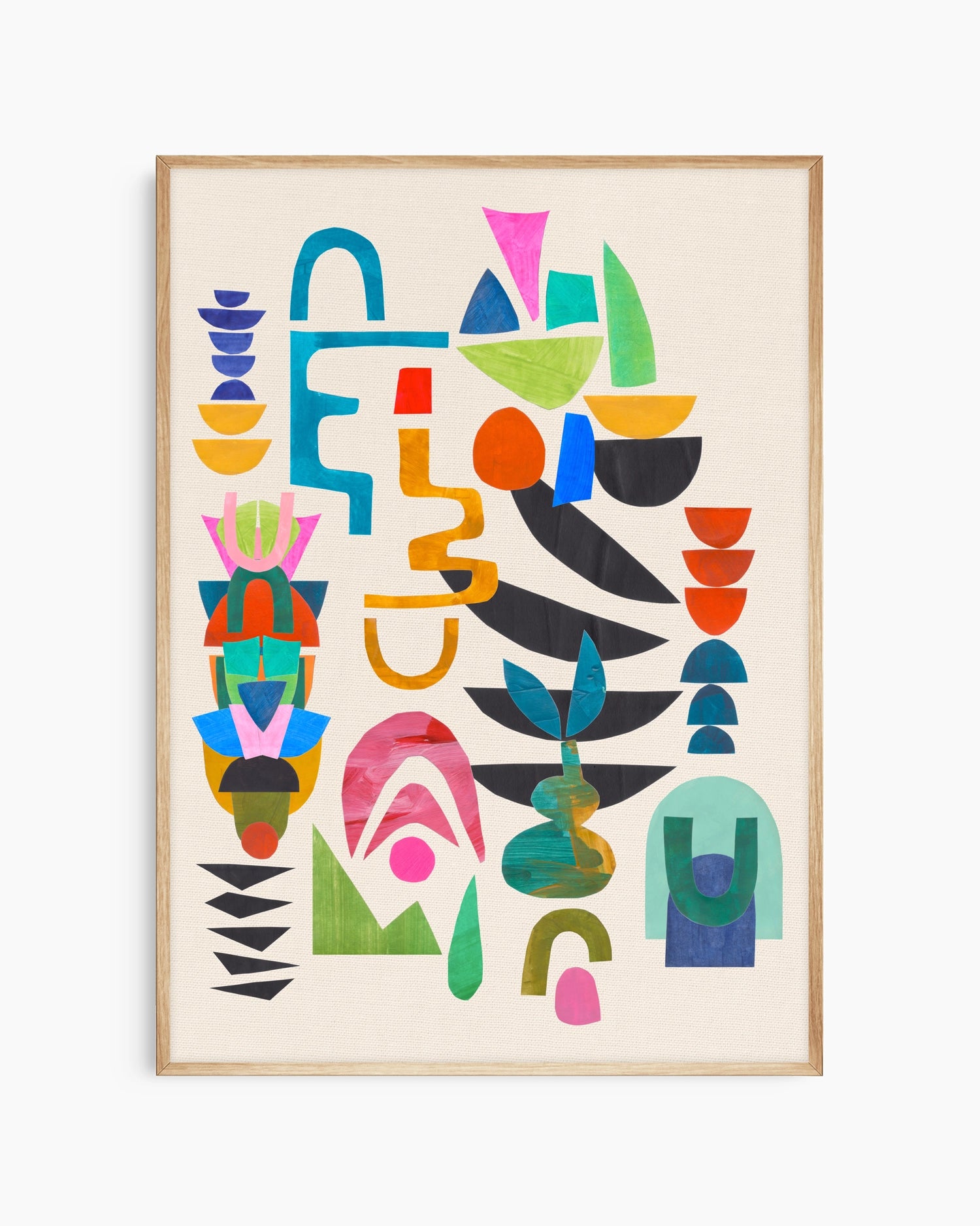 Colorful abstract art print in a oak frame on a white background