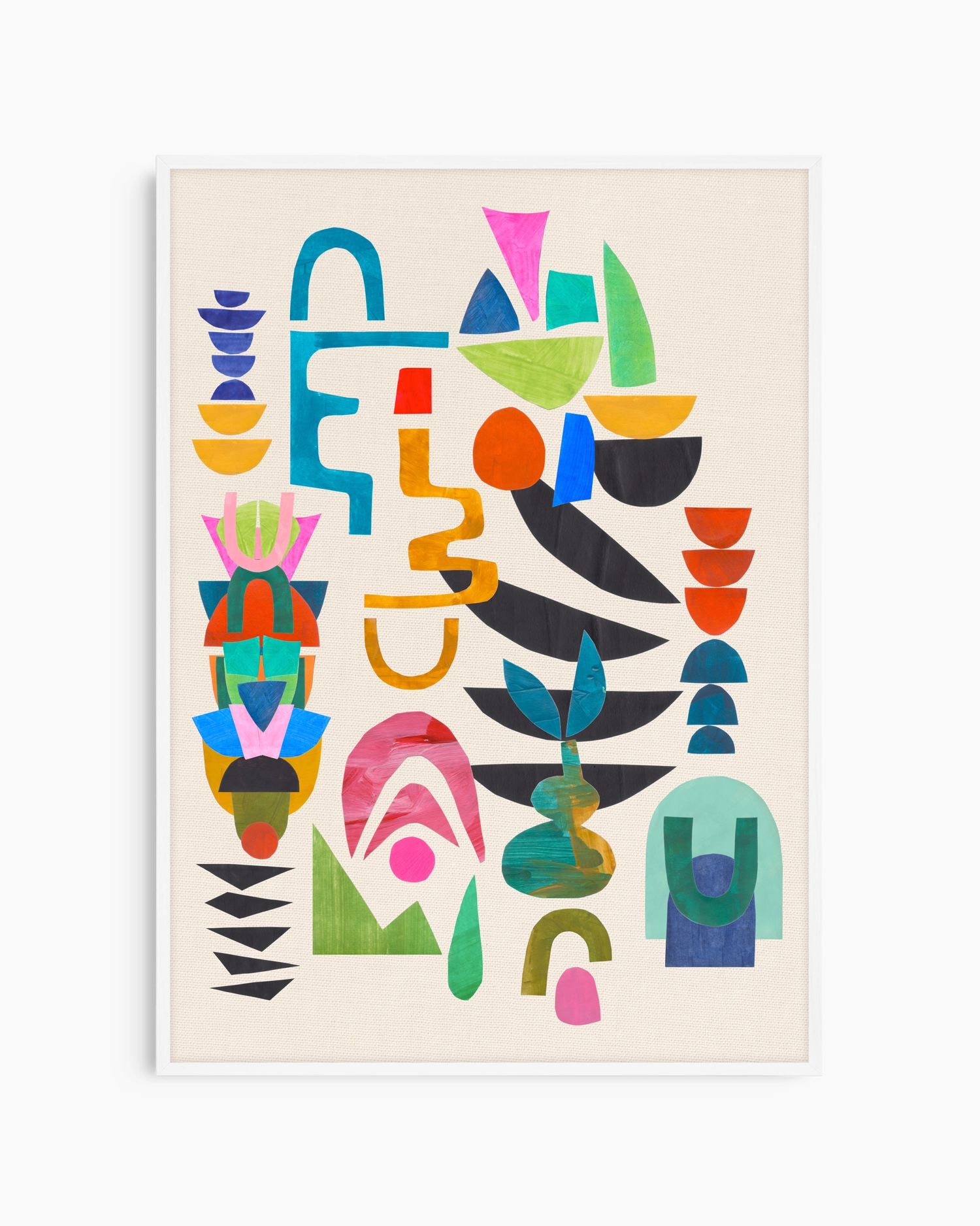 Colorful abstract art print in a white frame on a white background