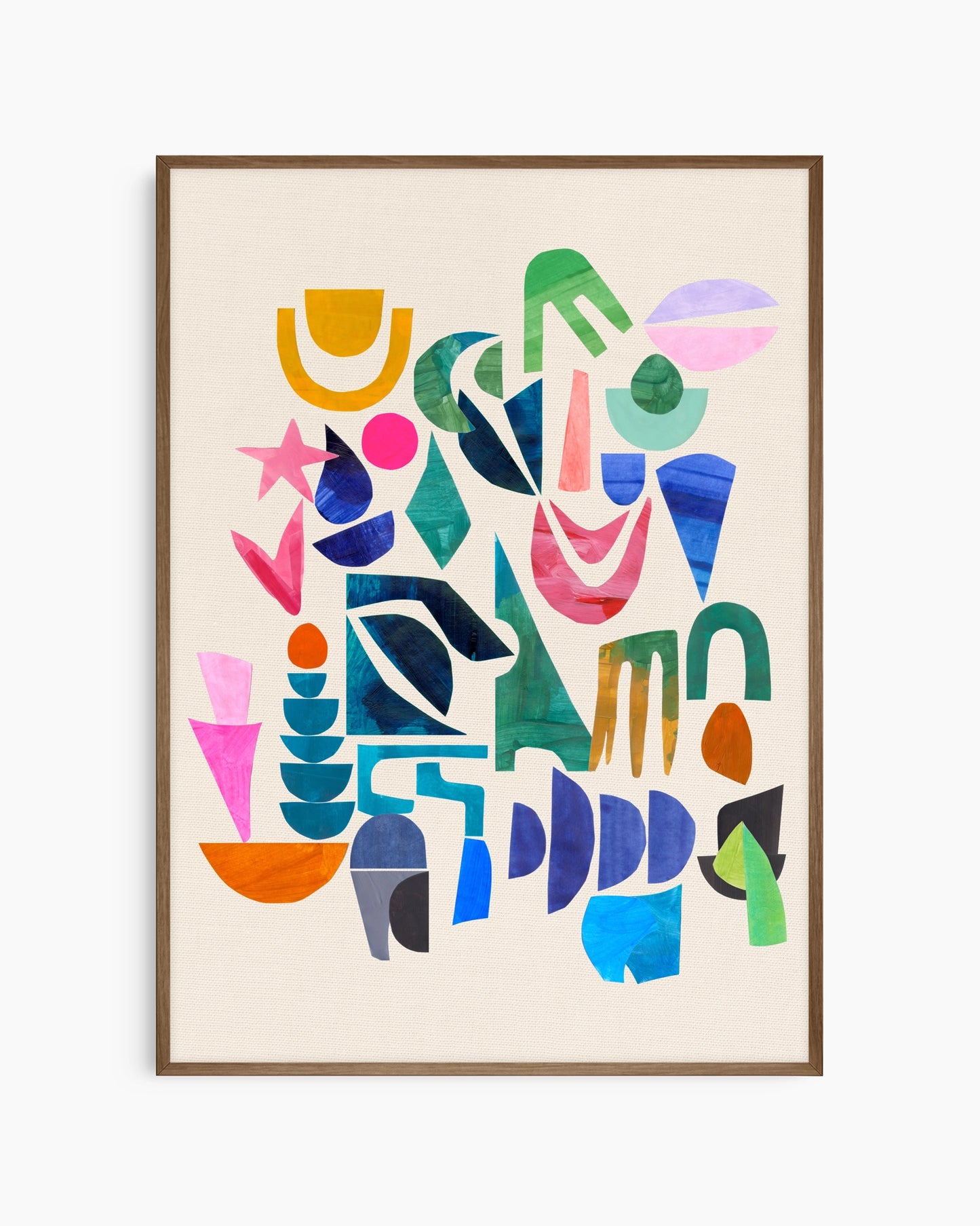 Framed abstract artwork with colorful geometric shapes on a beige background