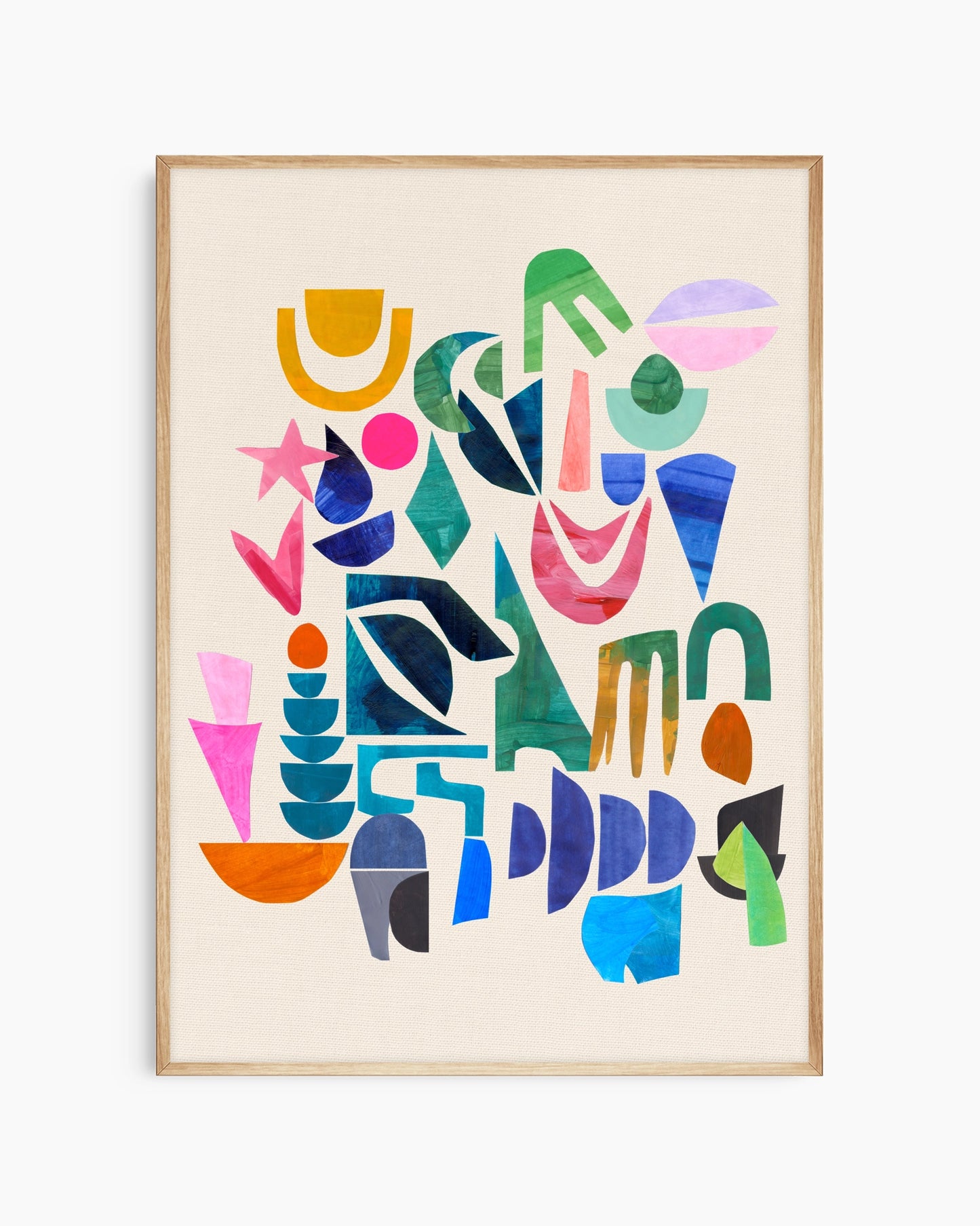 Framed abstract artwork with colorful geometric shapes on a beige background