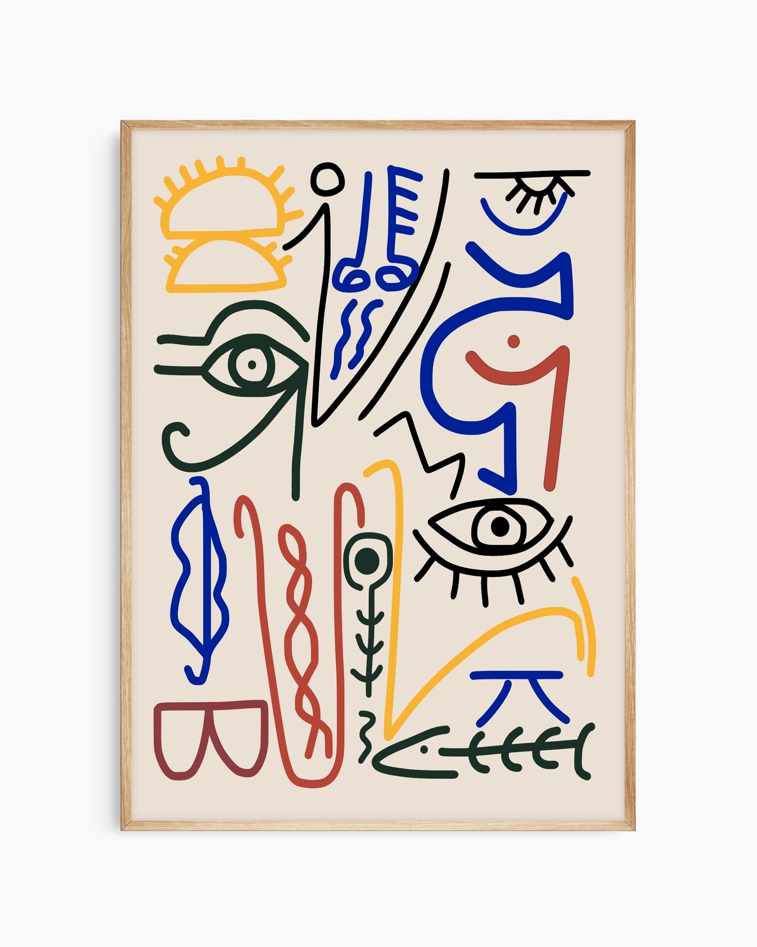 Abstract artwork with colorful lines and shapes on a beige background