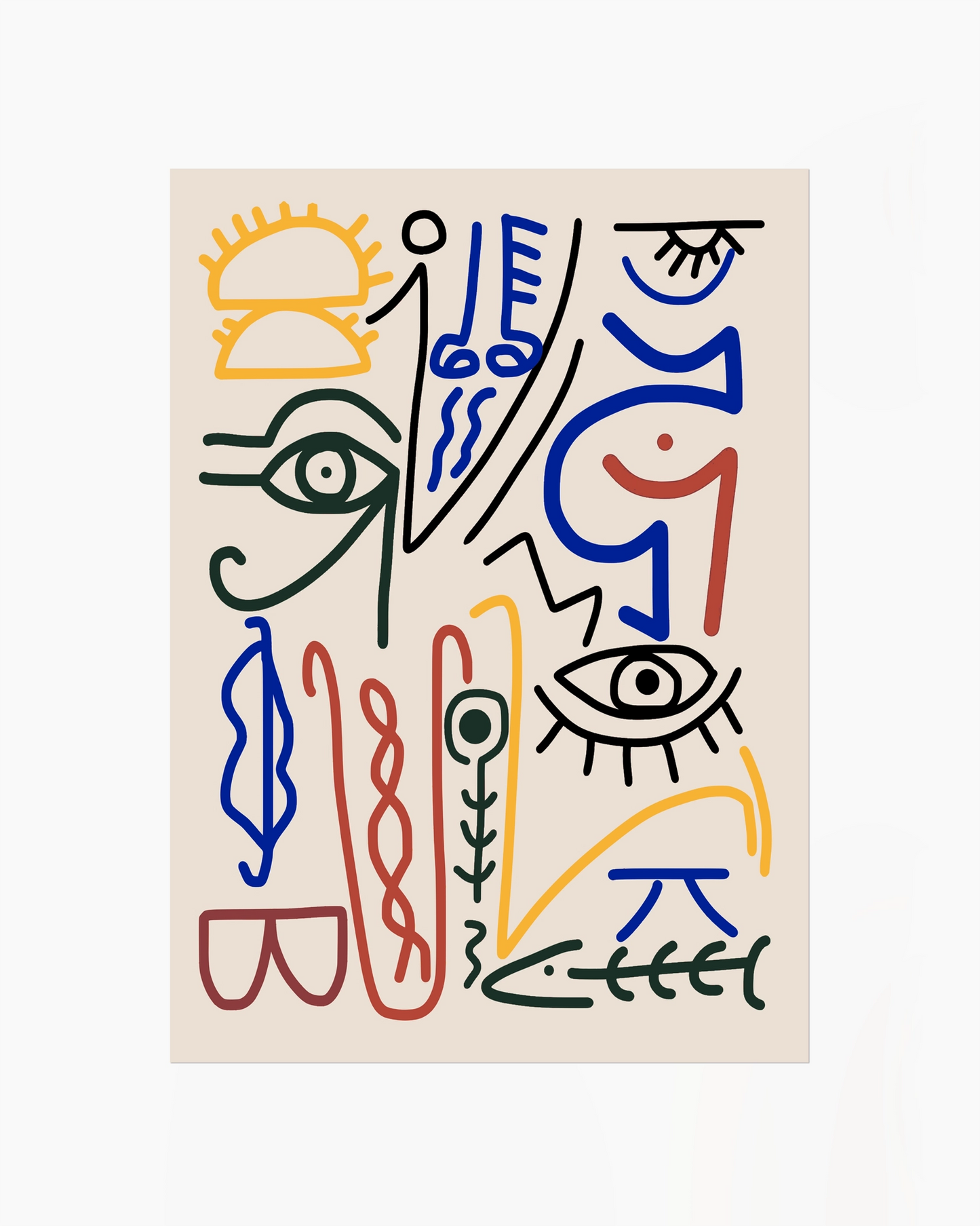 Abstract artwork with colorful lines and shapes on a beige background