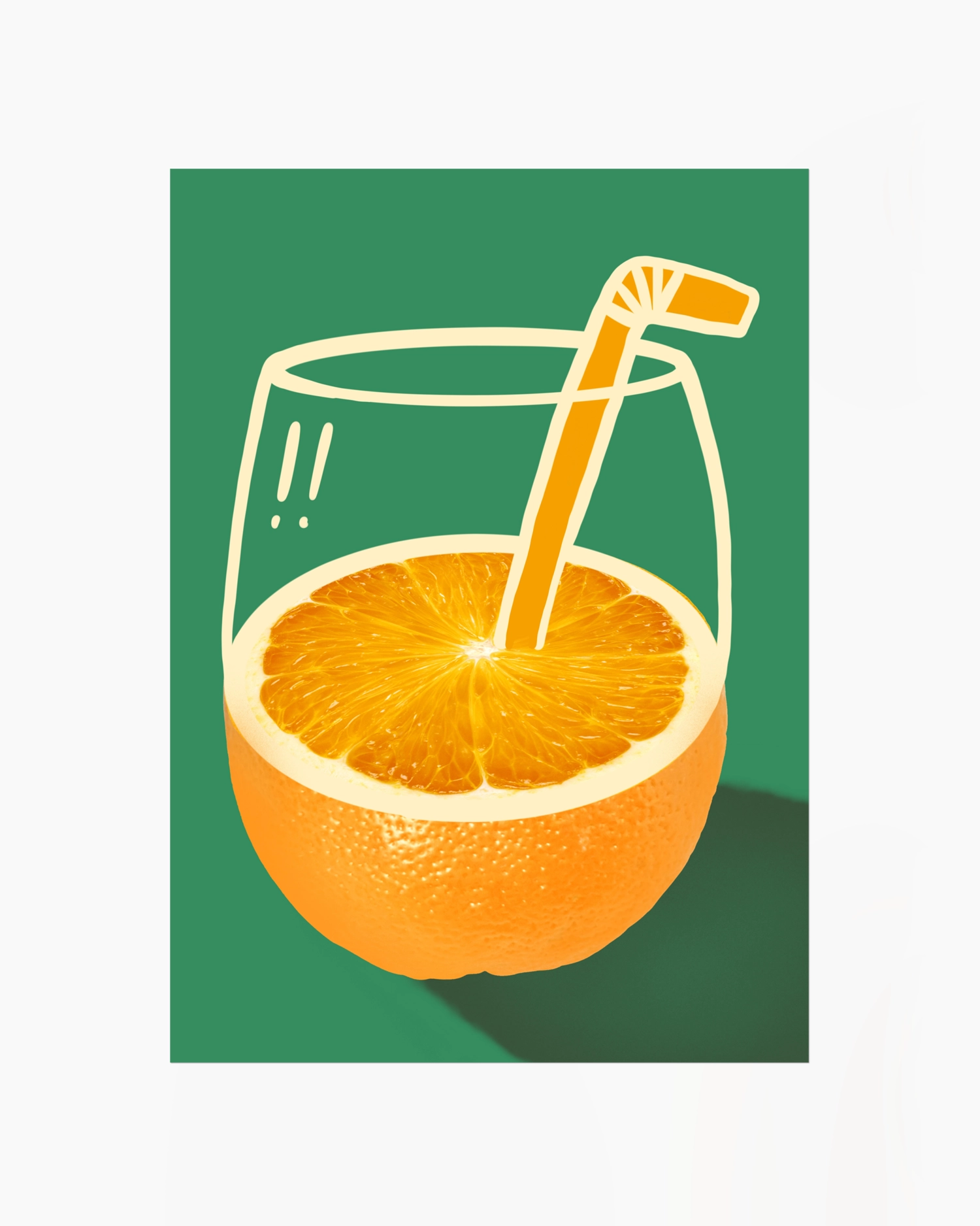 Illustration of an orange with a glass of juice and straw on a green background