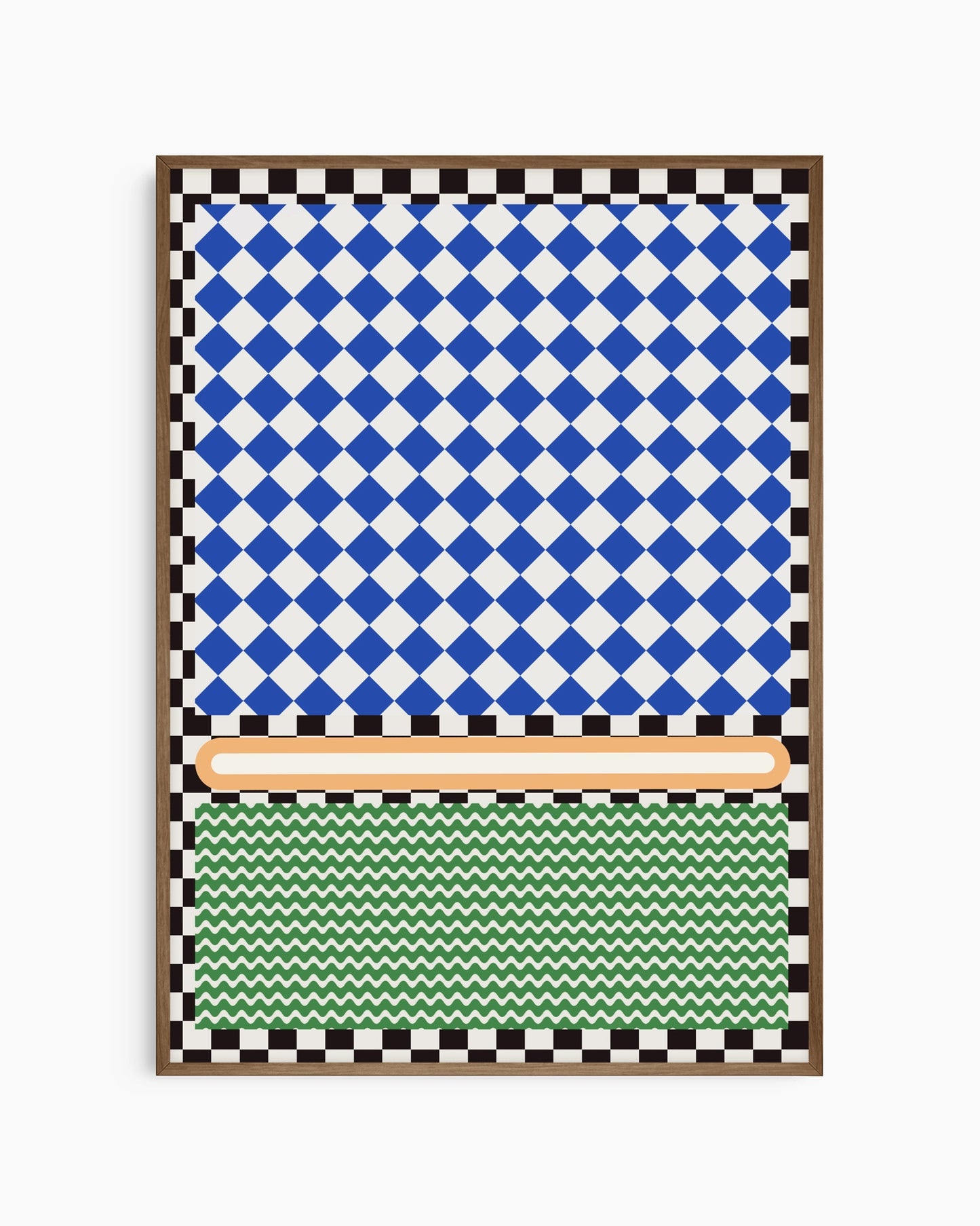 Decorative wall art with blue and white checkered pattern, brown stripe, and green zigzag pattern.