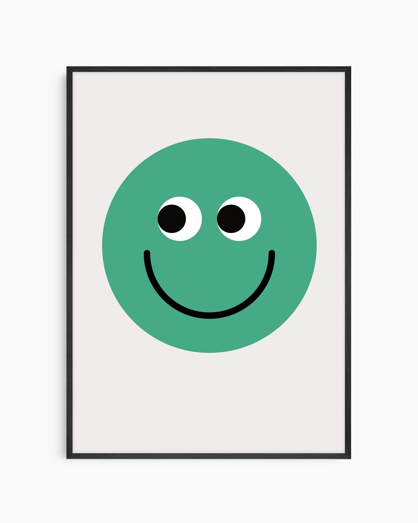 Framed poster with a green smiley face design on a white background