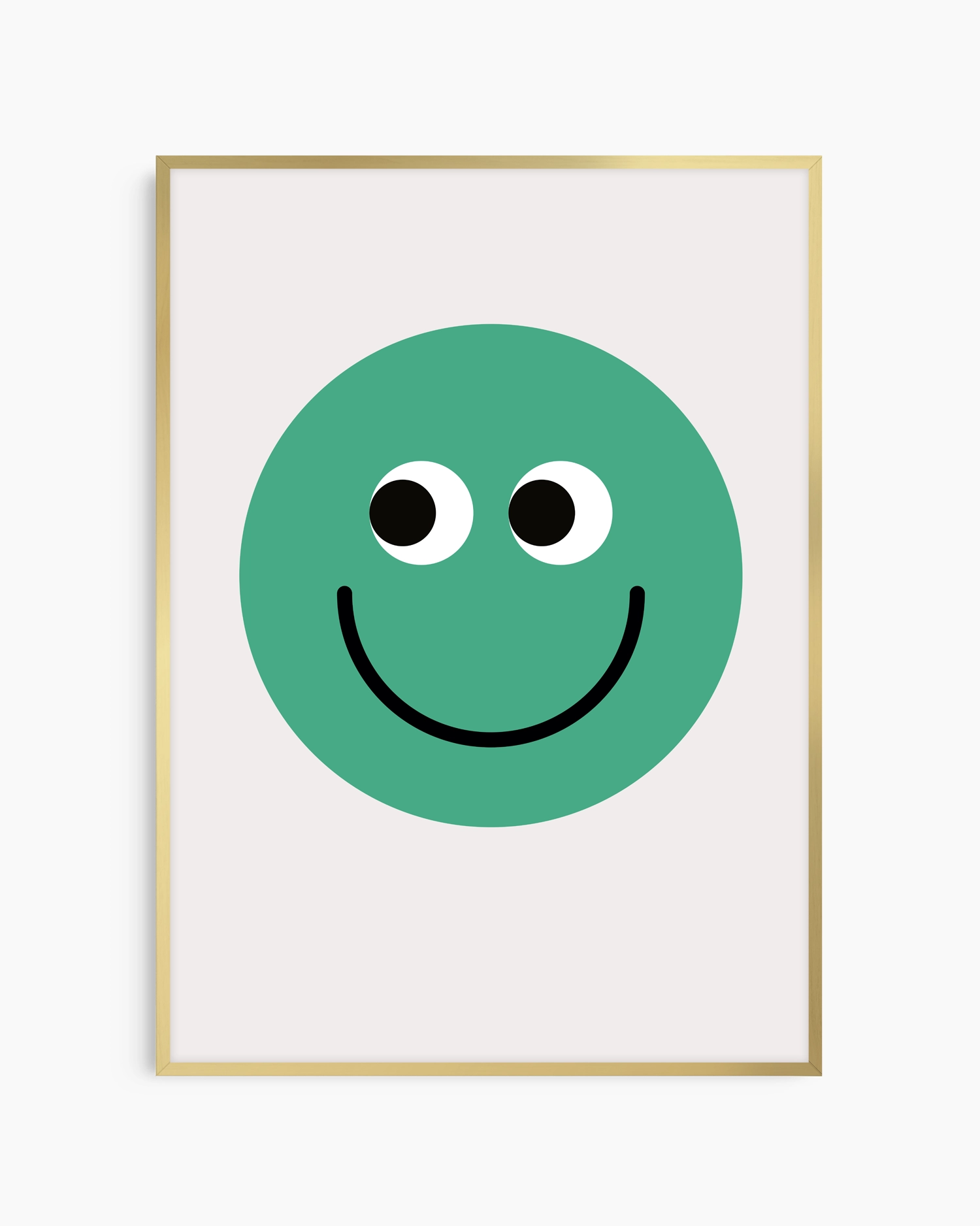 Framed artwork with a green smiley face on a white background