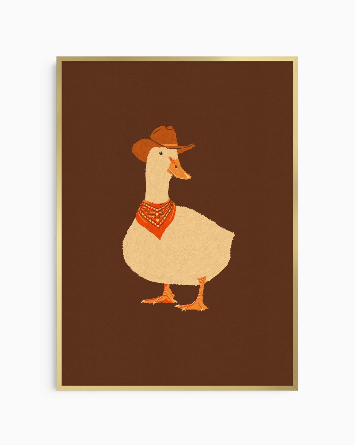 Framed artwork of a duck wearing a cowboy hat and bandana on a brown background