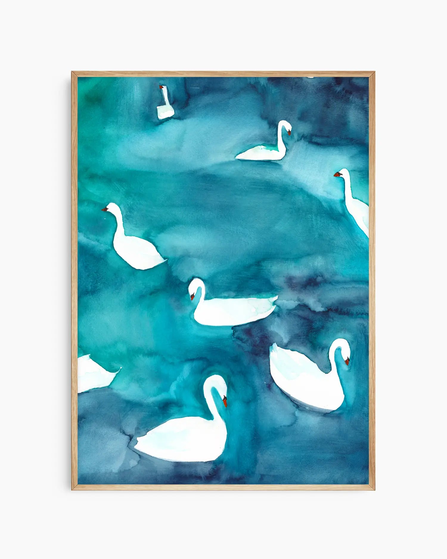 Framed artwork of white swans on a blue watercolor background