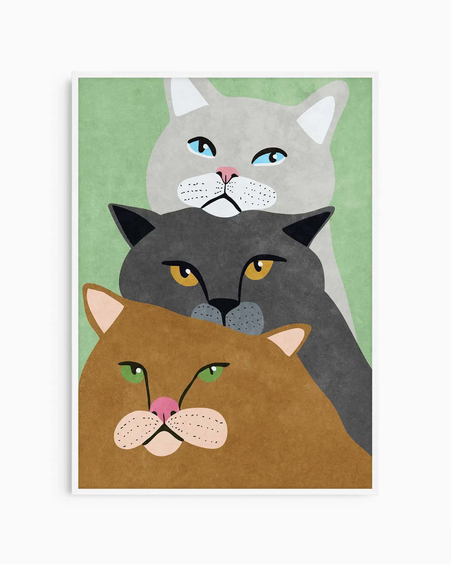 Illustration of three cats with different colored faces on a green background