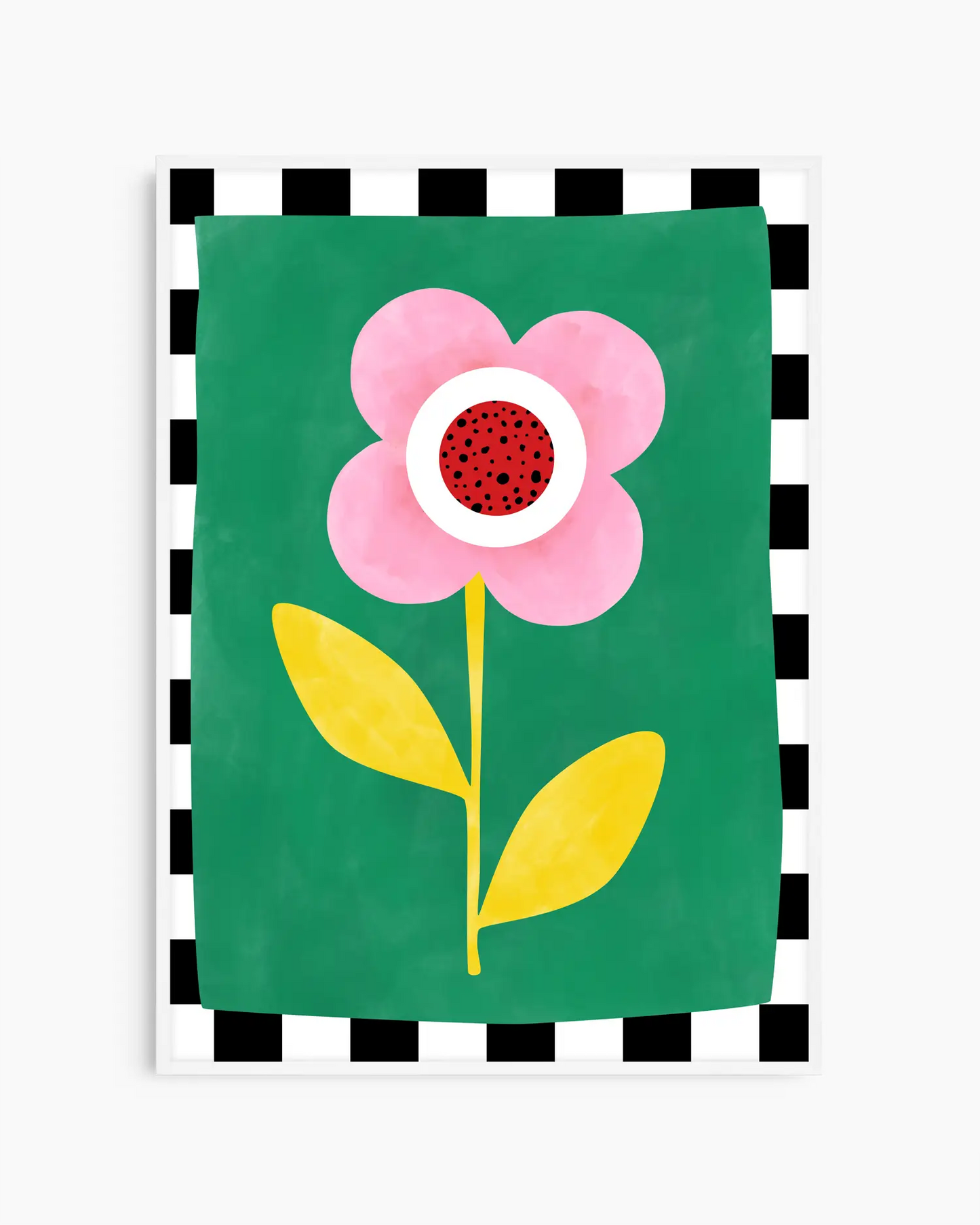 Floral design with pink flower and yellow leaves on a green background with black and white checkered border