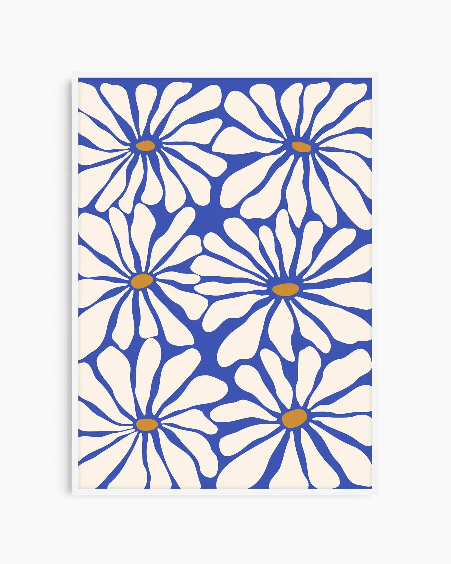 Pattern of white flowers with blue outlines on a white background