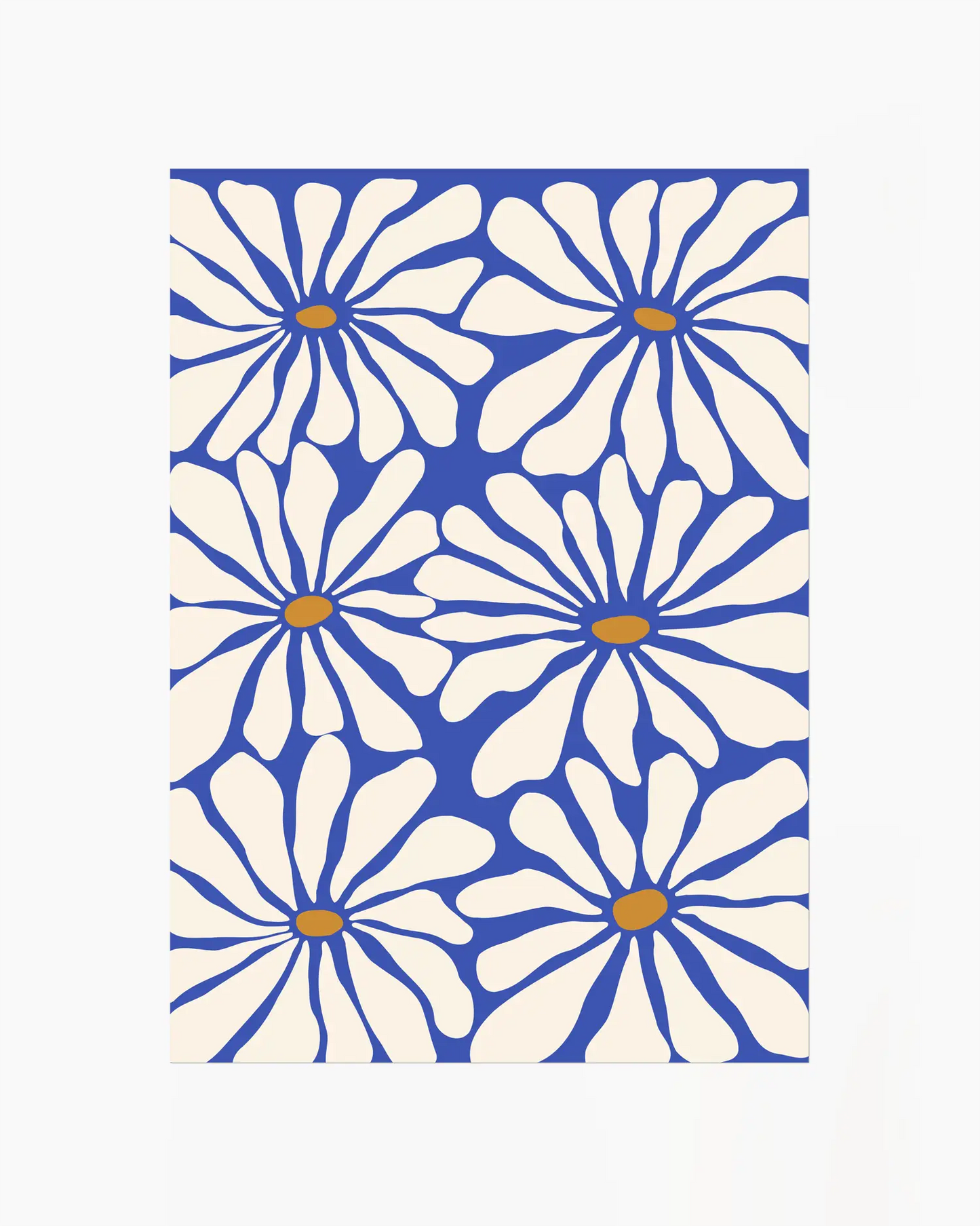 Pattern of white flowers with blue outlines on a white background