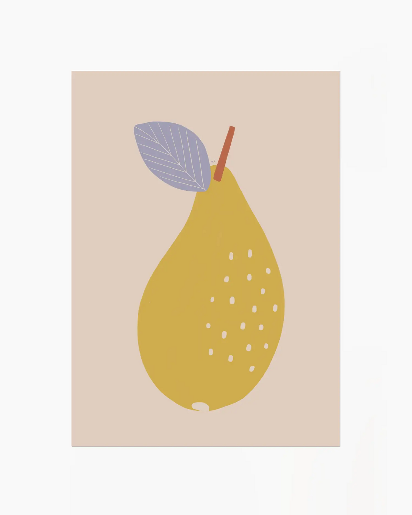 Illustration of a yellow pear with a purple leaf on a beige background