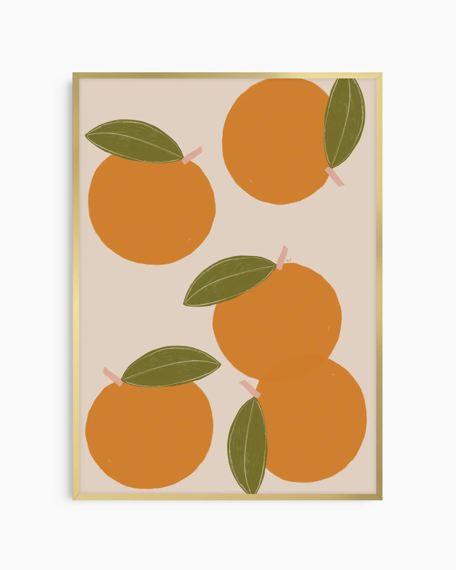 Framed artwork with orange fruit and green leaves on a beige background