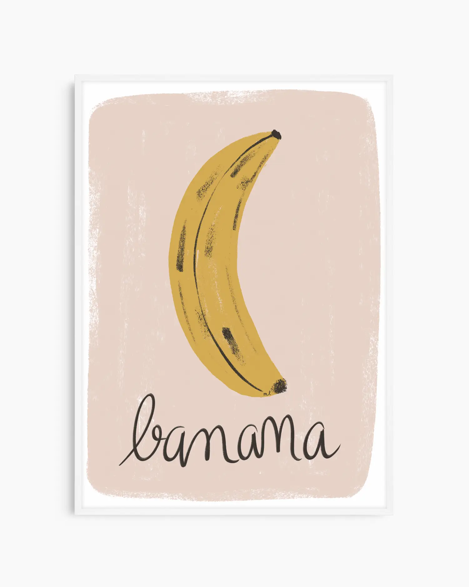 Illustration of a banana with the word 'banana' on a beige background
