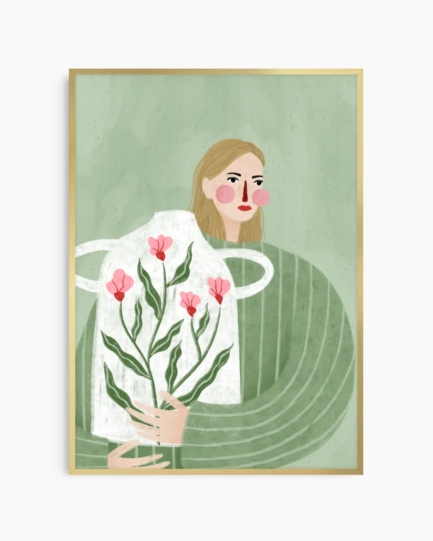 Illustration of a woman holding flowers with a green background