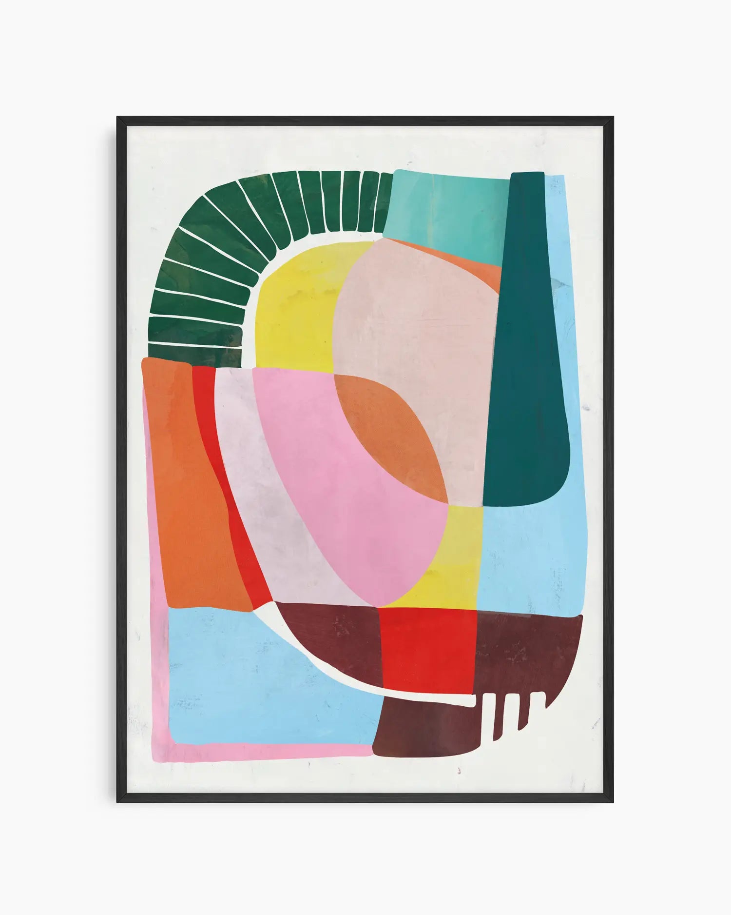 Framed abstract art print with colorful geometric shapes on a white background