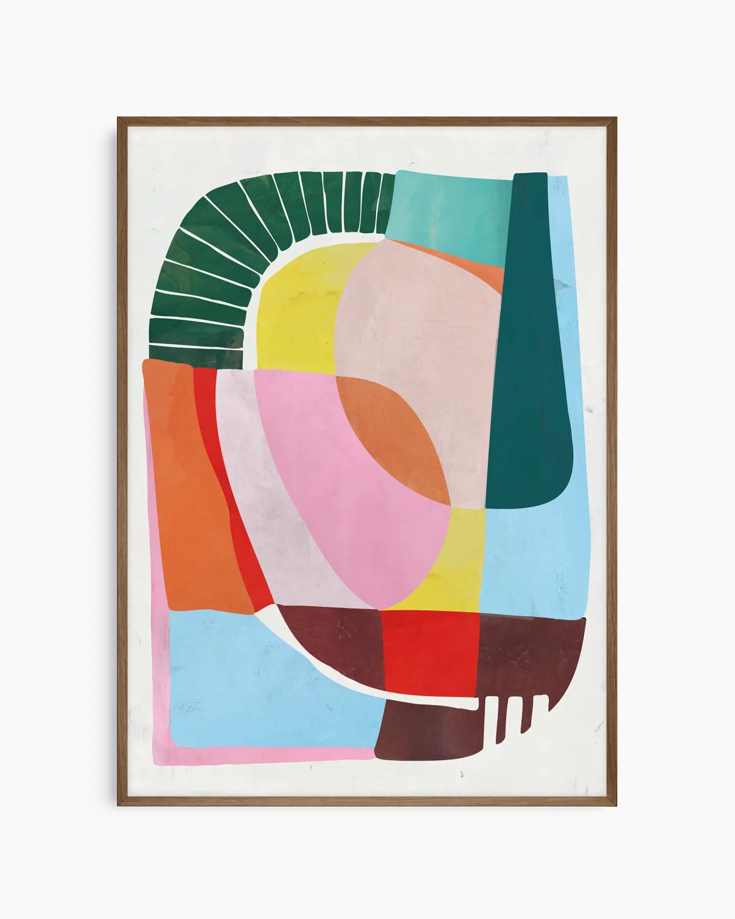 Framed abstract artwork with colorful geometric shapes on a white background