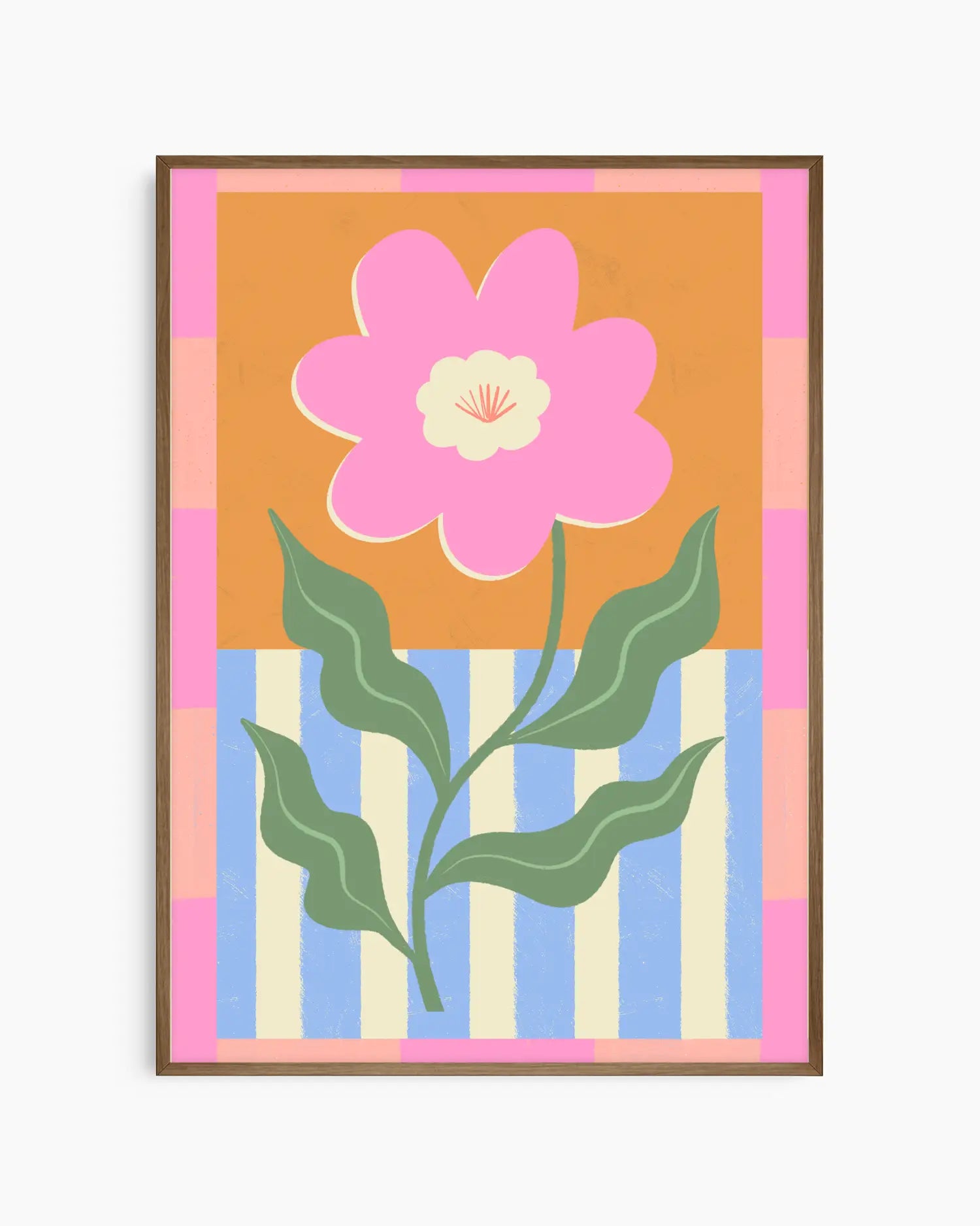 Framed artwork with a pink flower and green leaves on a multicolored striped background.