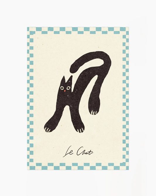 Illustration of a black cat on a beige background with a blue checkered border