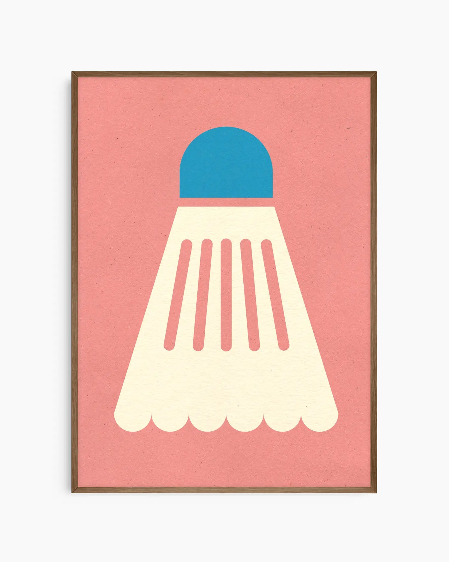 Framed artwork of a blue and white shuttlecock on a pink background