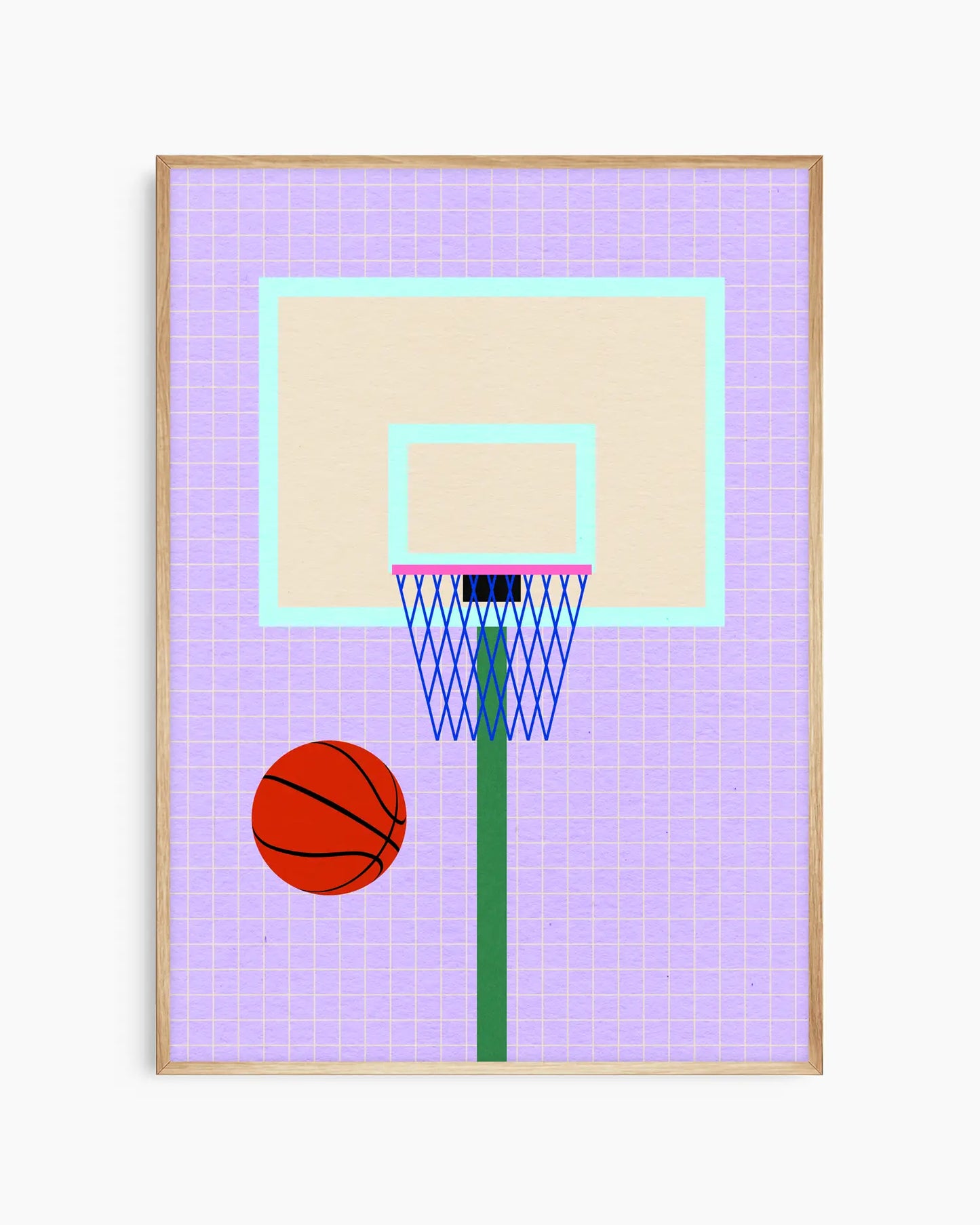 Illustration of a basketball hoop and ball on a purple grid background